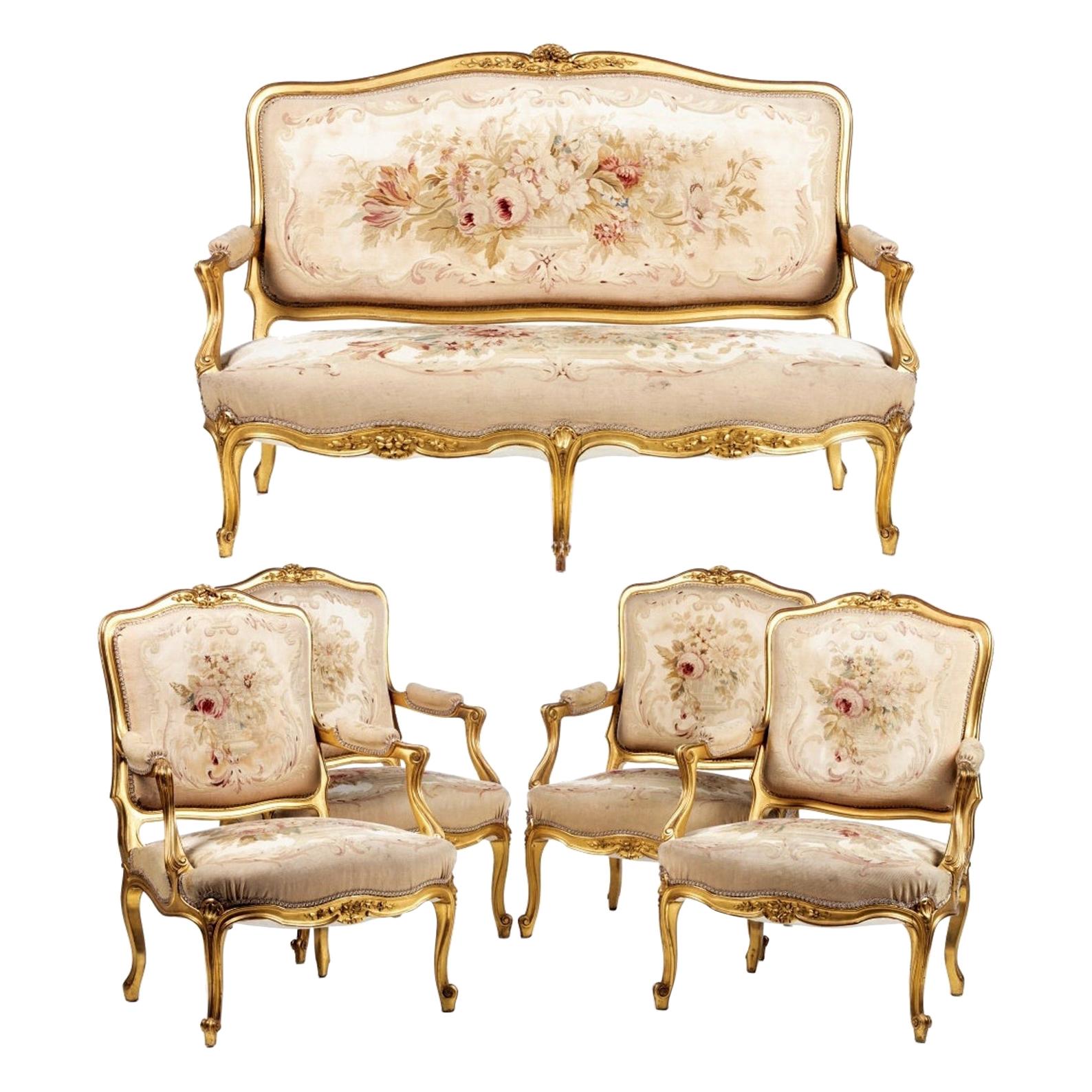 Four Louis XV Armchairs and Sofa 19th Century Aubusson Tapestry