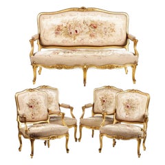 Quatre fauteuils et canapés Louis XV Tapisserie d'Aubusson du 19ème siècle