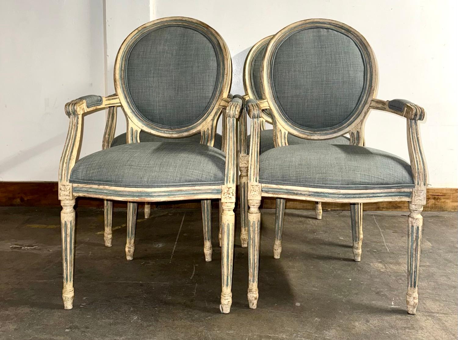 Four Louis XVI Style Dining Chairs Washed Finish with Blue Linen Upholstery In Good Condition For Sale In Los Angeles, CA