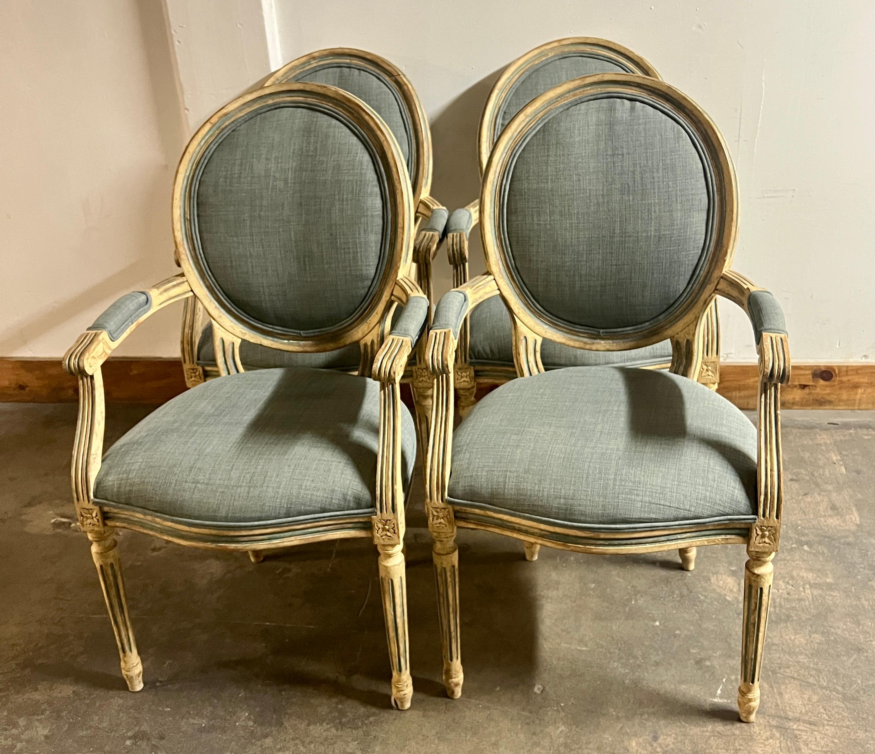 20th Century Four Louis XVI Style Dining Chairs Washed Finish with Blue Linen Upholstery For Sale