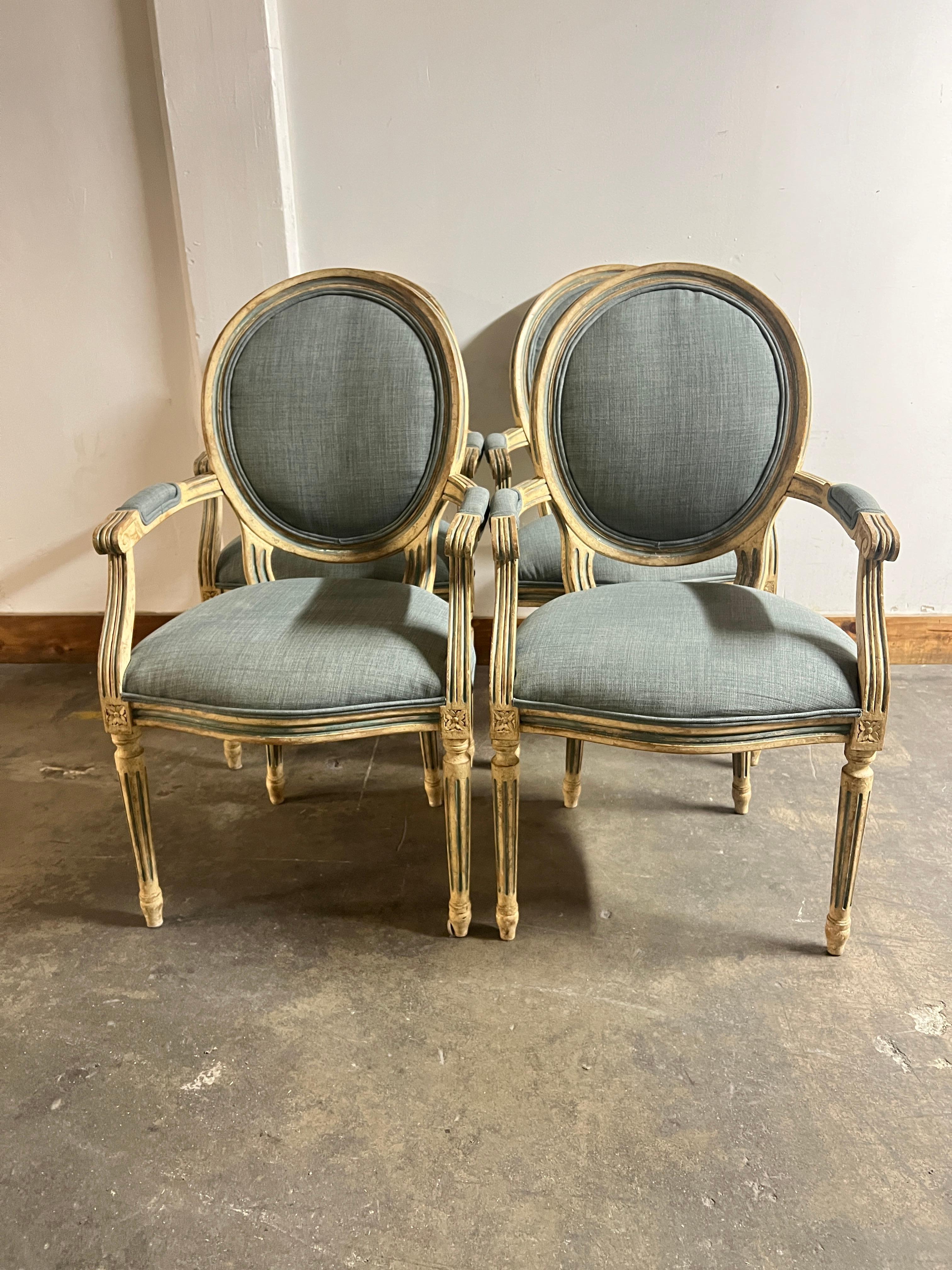 Four Louis XVI Style Dining Chairs Washed Finish with Blue Linen Upholstery For Sale 1