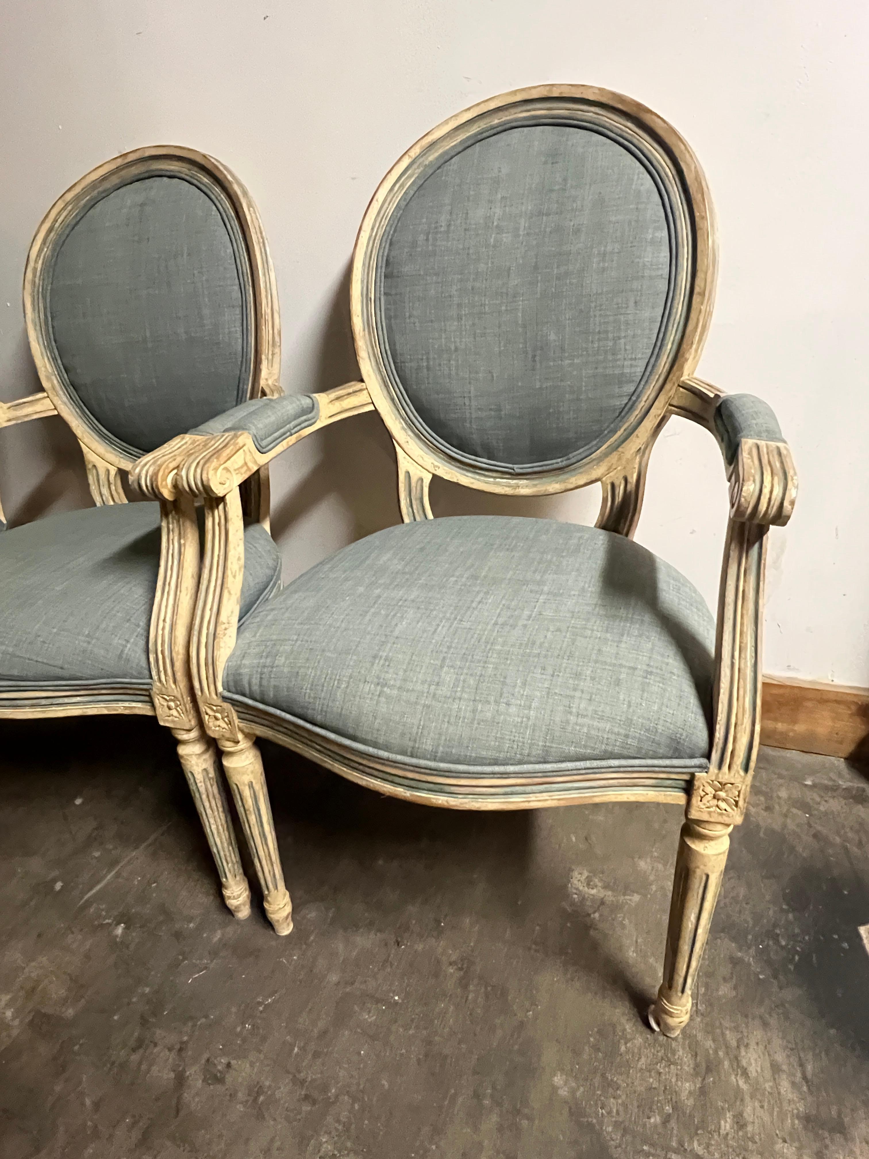 Four Louis XVI Style Dining Chairs Washed Finish with Blue Linen Upholstery For Sale 3