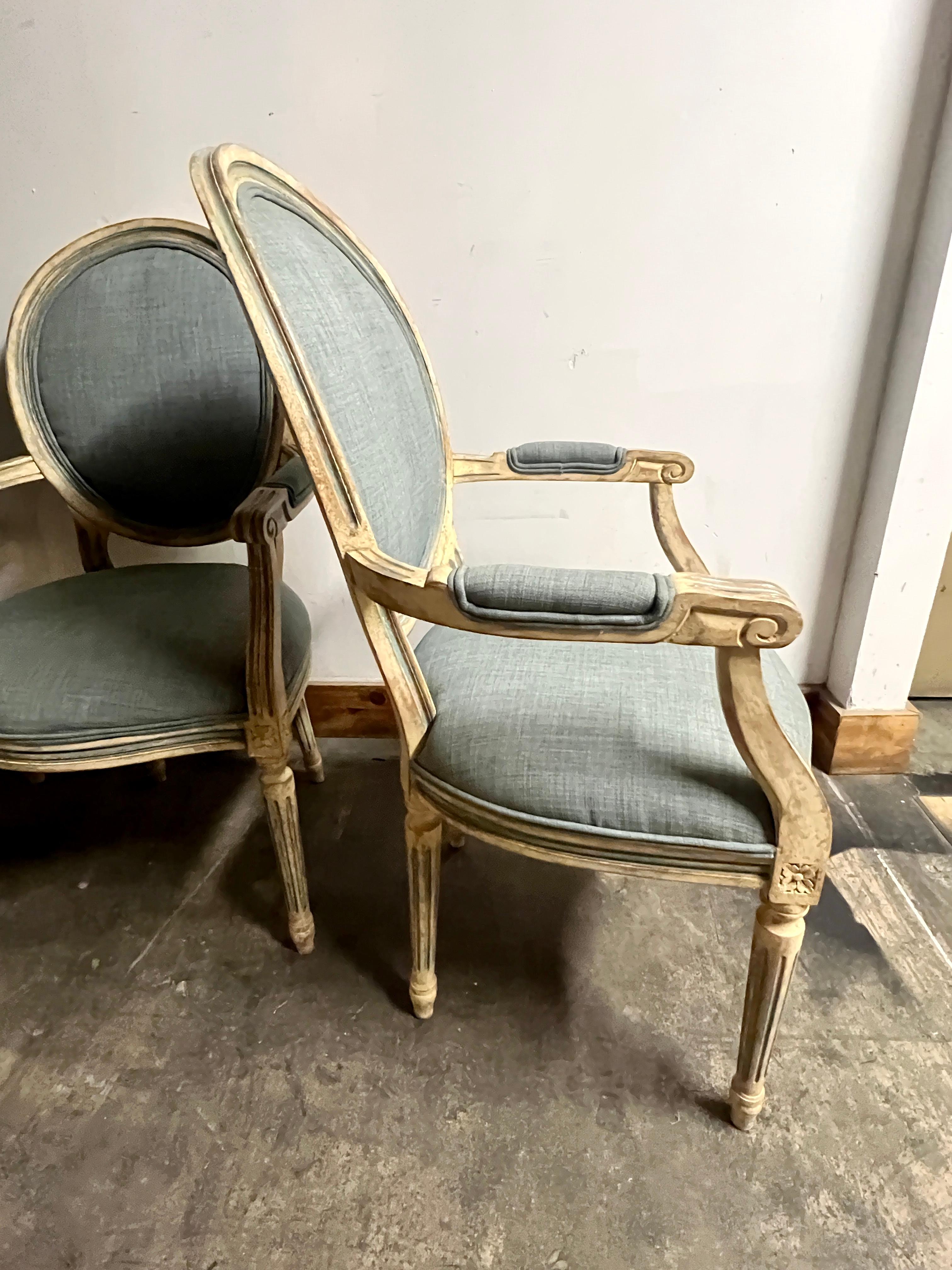 Four Louis XVI Style Dining Chairs Washed Finish with Blue Linen Upholstery For Sale 4