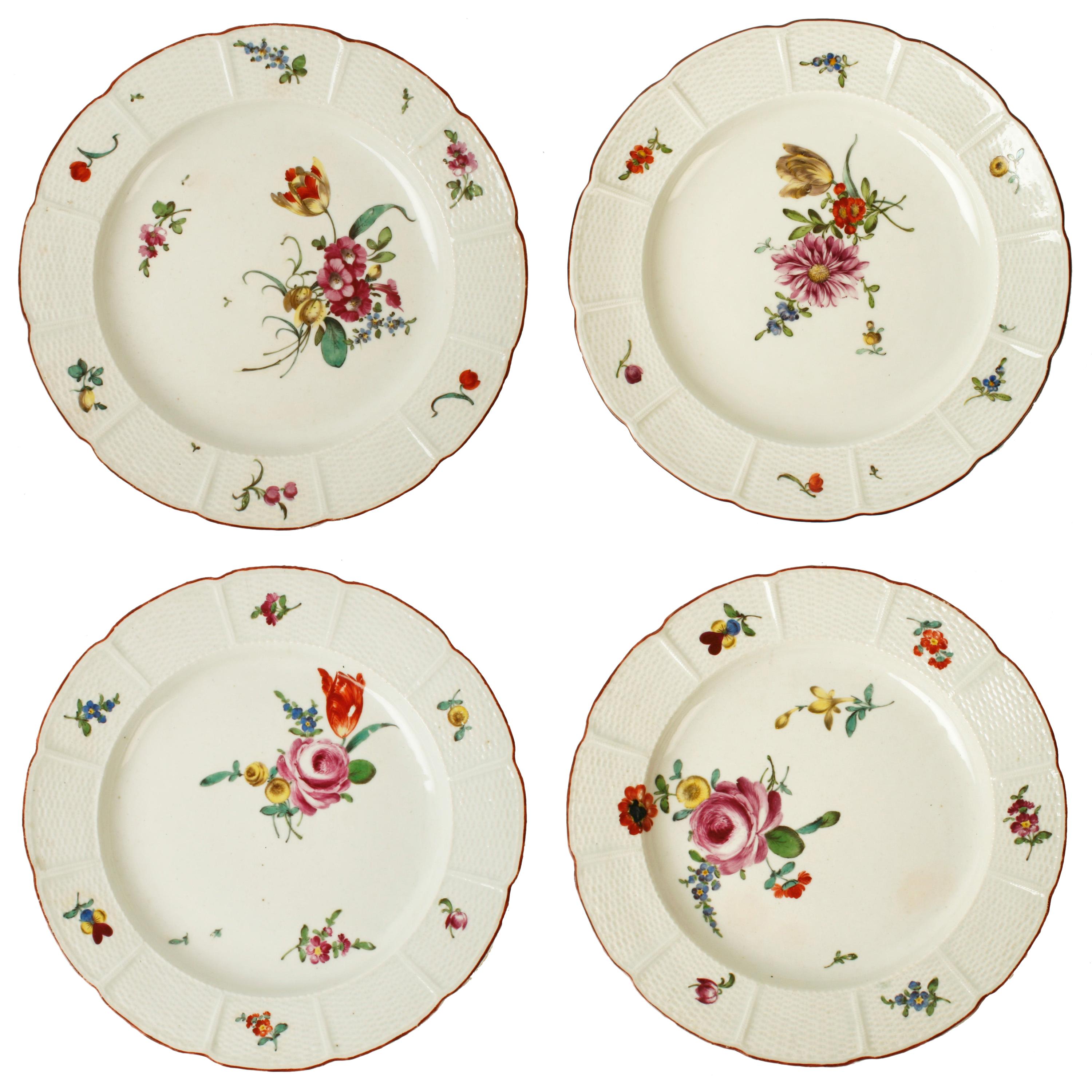 Four Ludwigsburg Hand Painted Floral Porcelain Plates, Late 18th Century