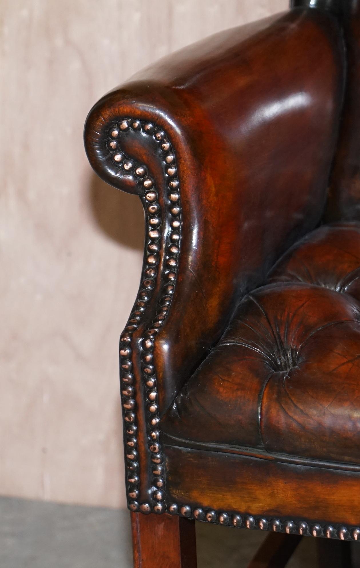 Four Luxury Restored Hand Dyed Brown Leather Chesterfield Wingback Armchairs For Sale 4