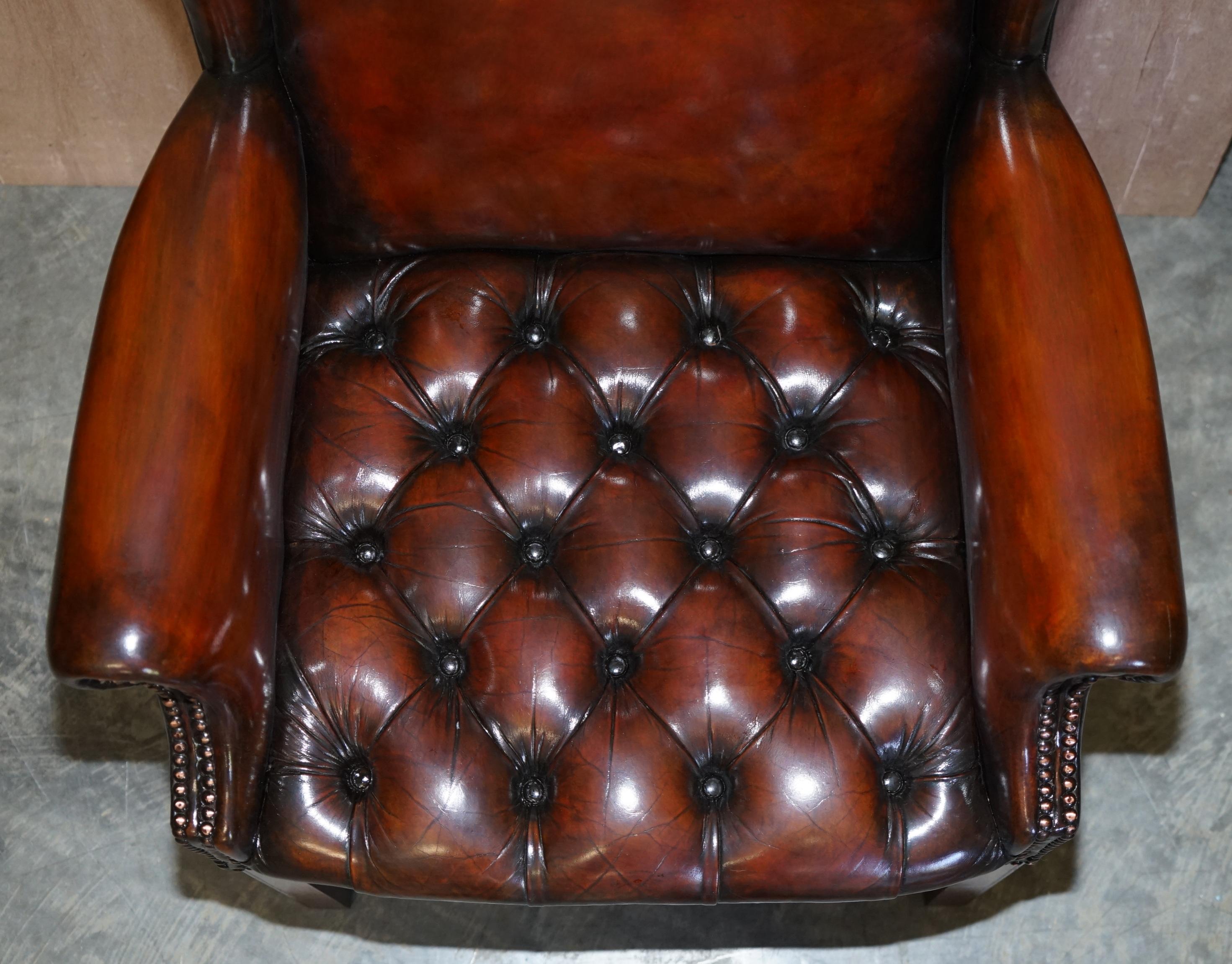 Hand-Crafted Four Luxury Restored Hand Dyed Brown Leather Chesterfield Wingback Armchairs For Sale