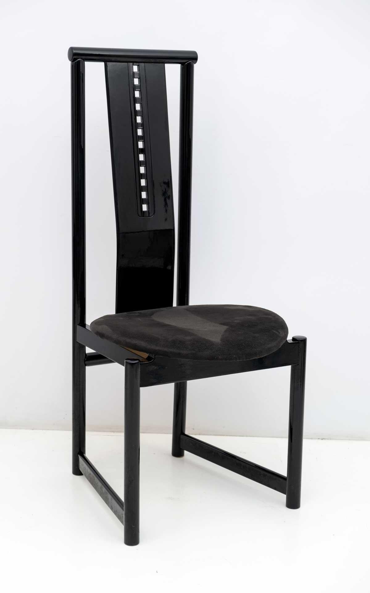 Art Nouveau Four Mackintosh Style Black Lacquered High Back Chairs, 1979 For Sale