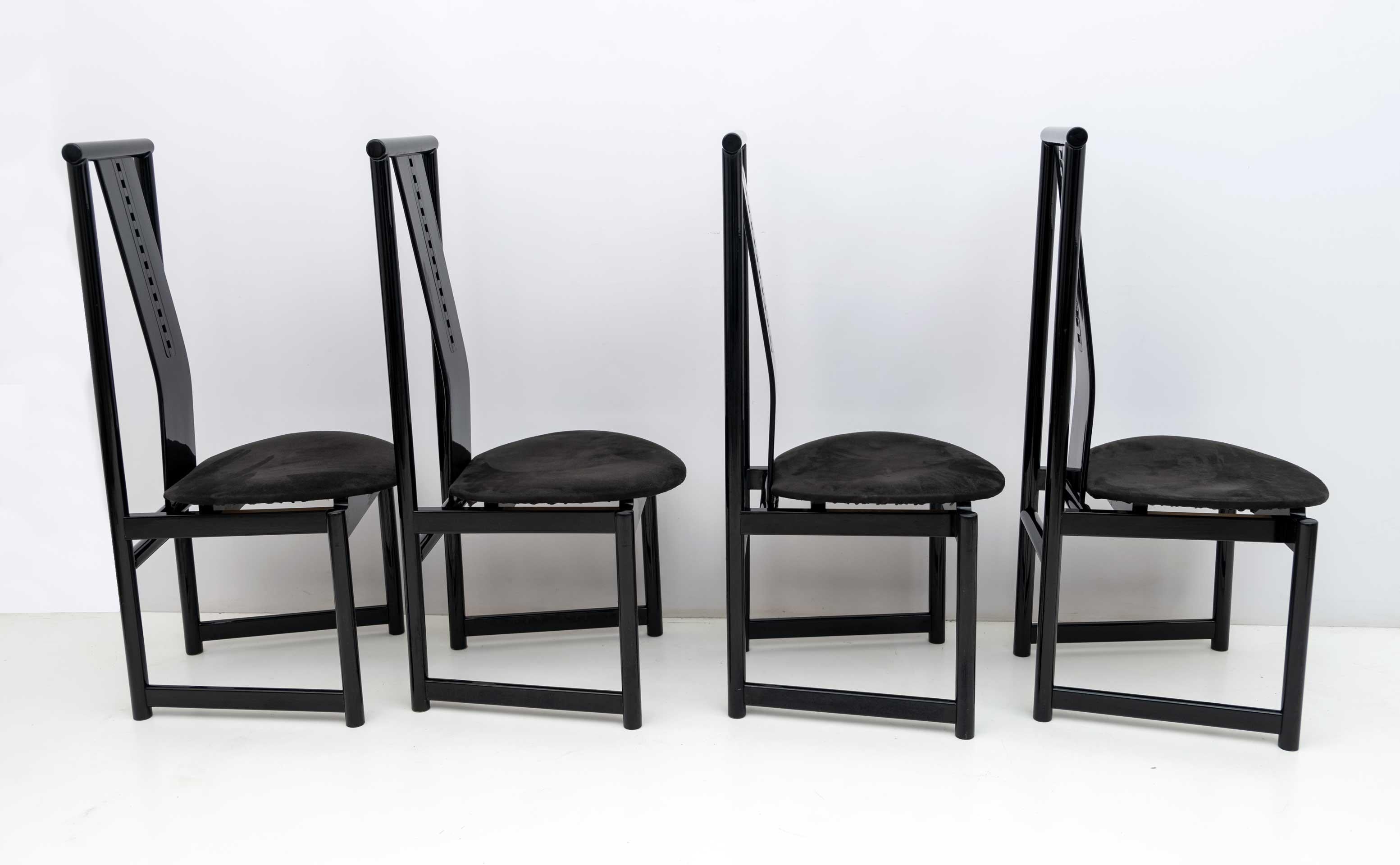 Italian Four Mackintosh Style Black Lacquered High Back Chairs, 1979 For Sale