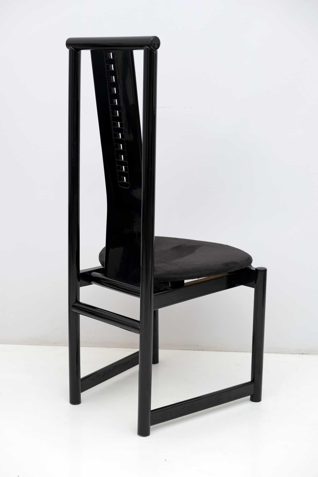 Late 20th Century Four Mackintosh Style Black Lacquered High Back Chairs, 1979 For Sale