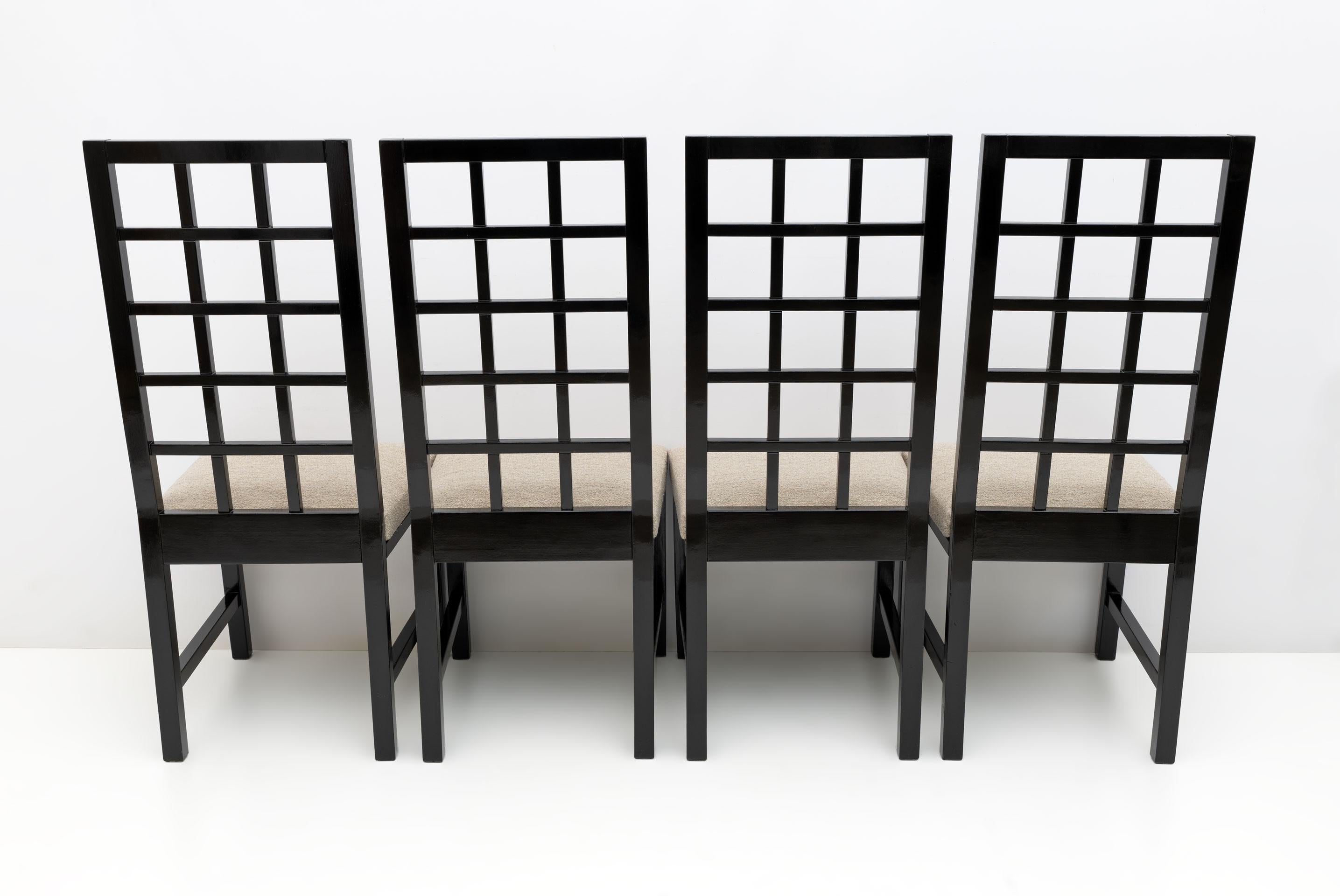 Bouclé Four Mackintosh Style Black Lacquered High Back Chairs, 1979 For Sale