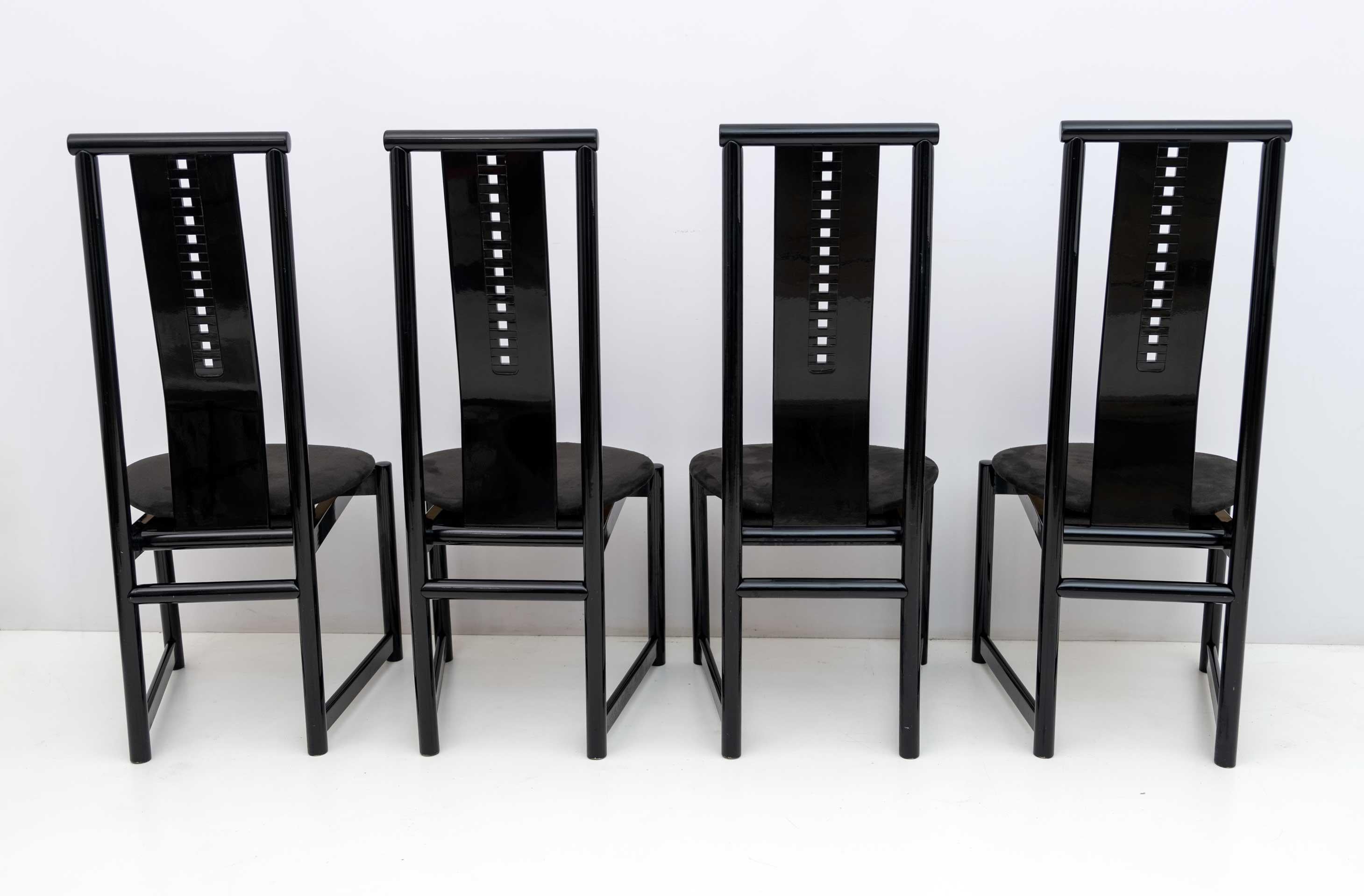 Wood Four Mackintosh Style Black Lacquered High Back Chairs, 1979 For Sale