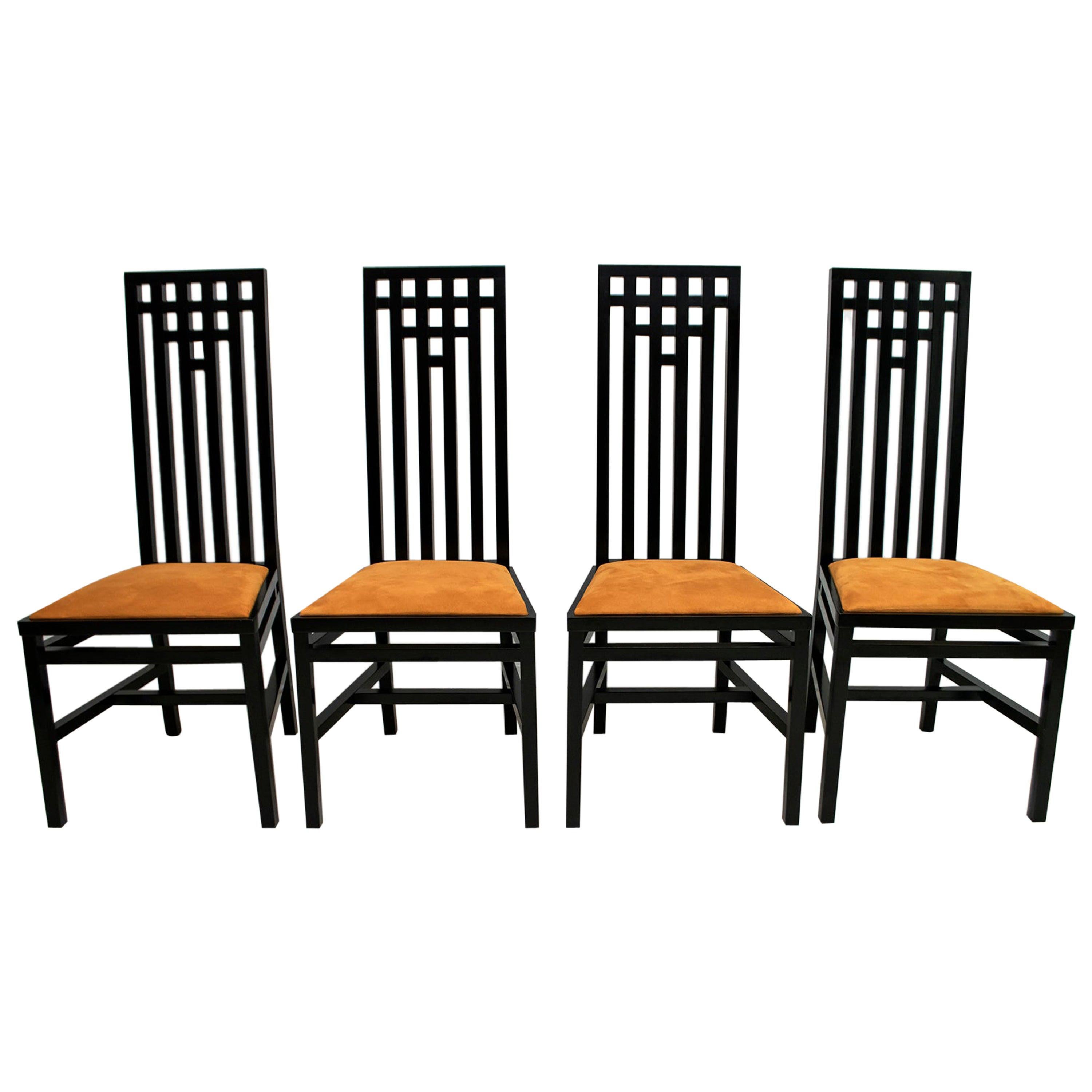 Four Mackintosh Style Black Lacquered High Back Chairs, 1979