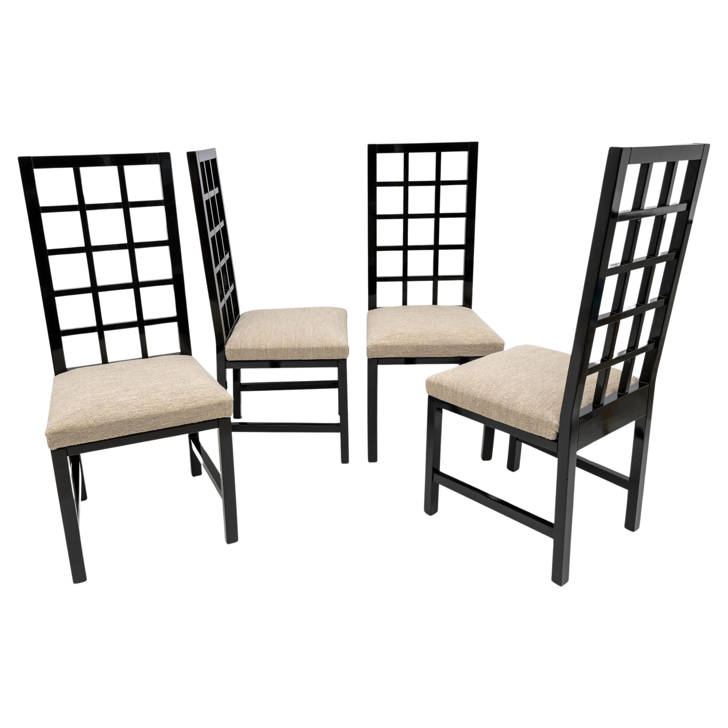 Four Mackintosh Style Black Lacquered High Back Chairs, 1979 For Sale