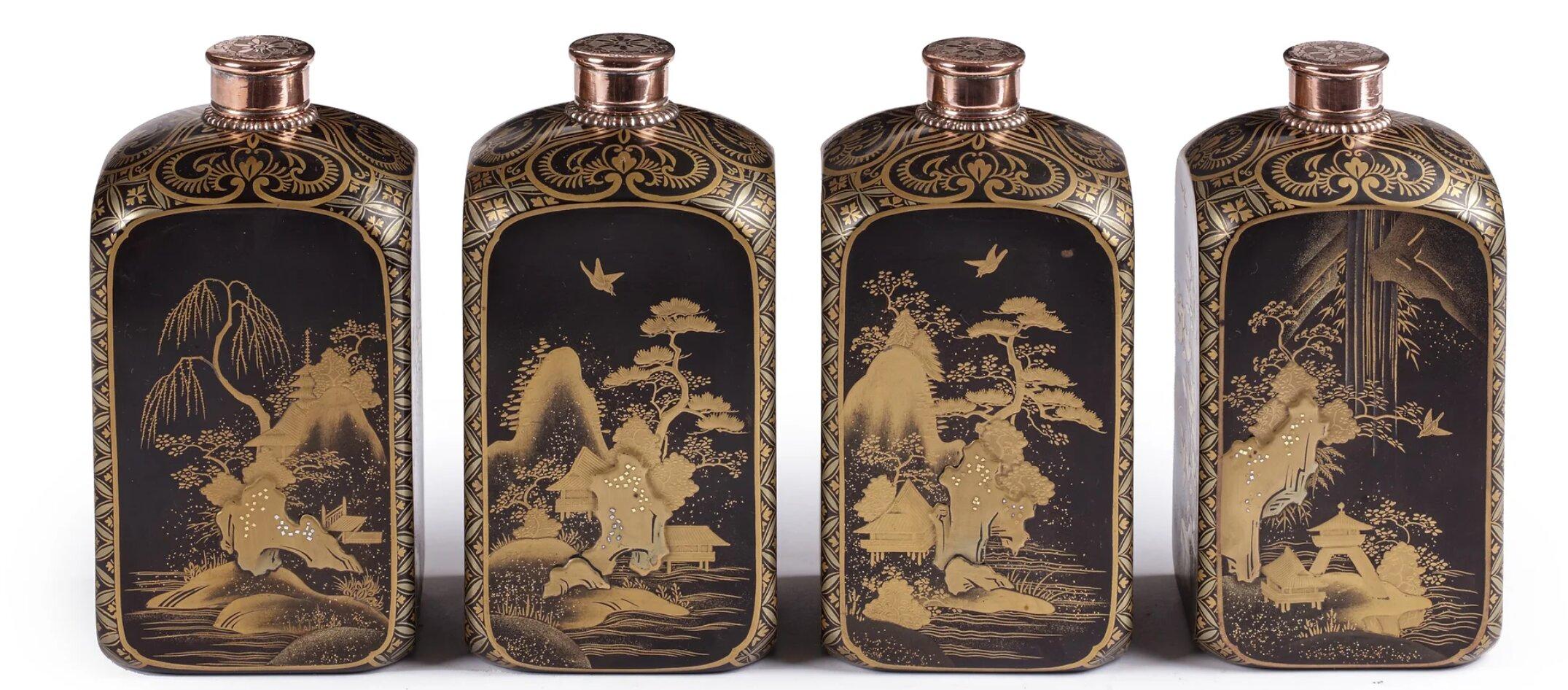 A set of four extremely rare and important pictorial-style Japanese export lacquer bottles

Edo-period, circa 1650-1680

H. 15.5 x W. 6.9 x B. 7.6 cm (each)

The bottles with red copper (possibly once silvered) lids that screw onto short metal