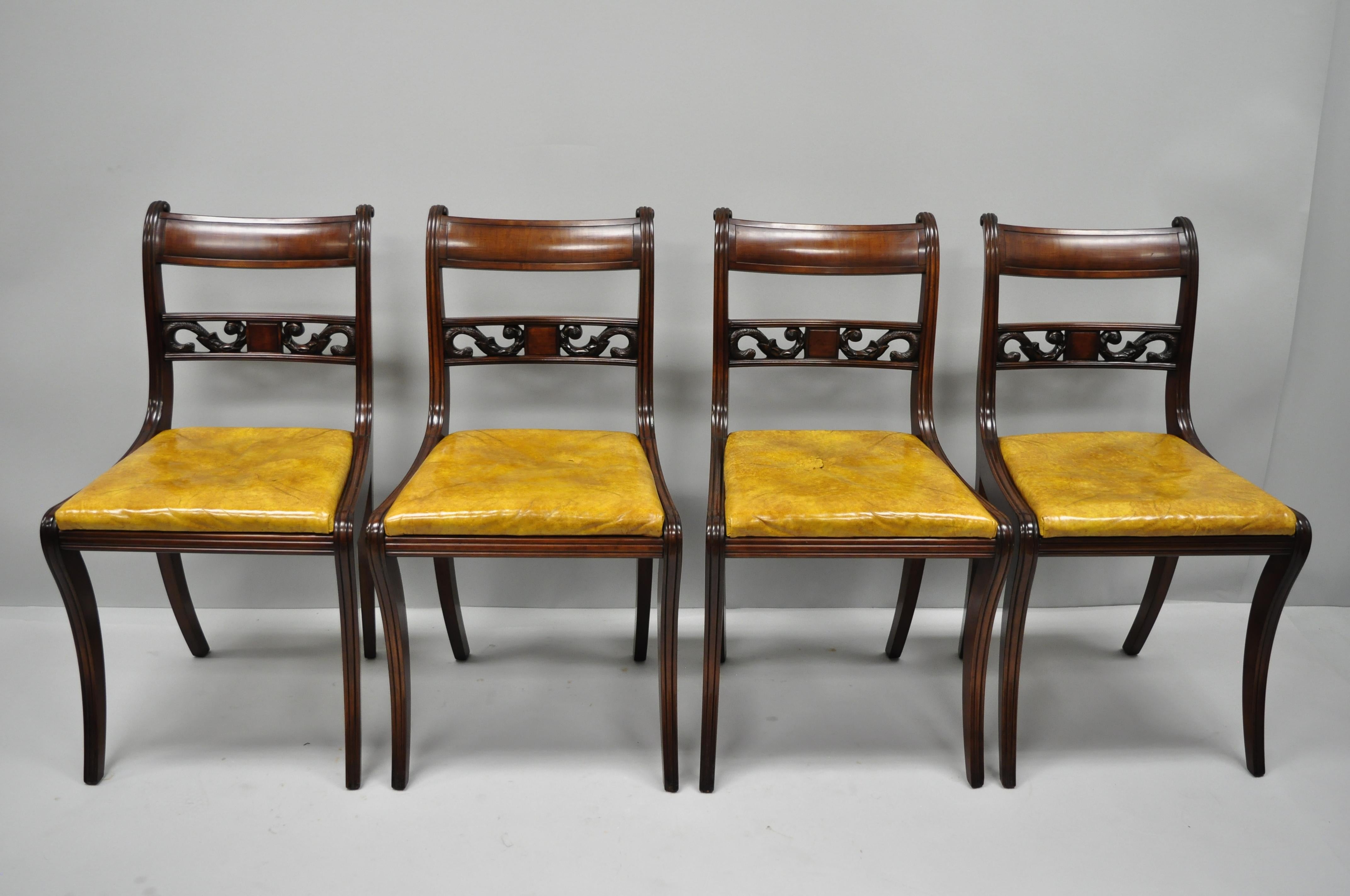 Four Mahogany Carved Plume & Acanthus Regency Style Saber Leg Dining Side Chairs 12
