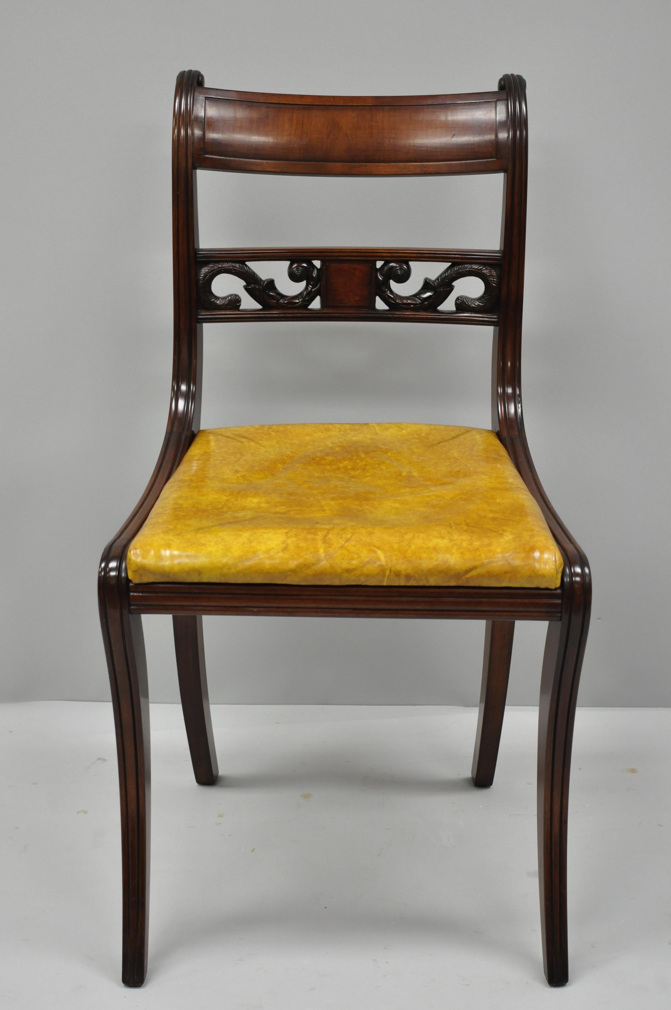 Four Mahogany Carved Plume & Acanthus Regency Style Saber Leg Dining Side Chairs In Good Condition In Philadelphia, PA