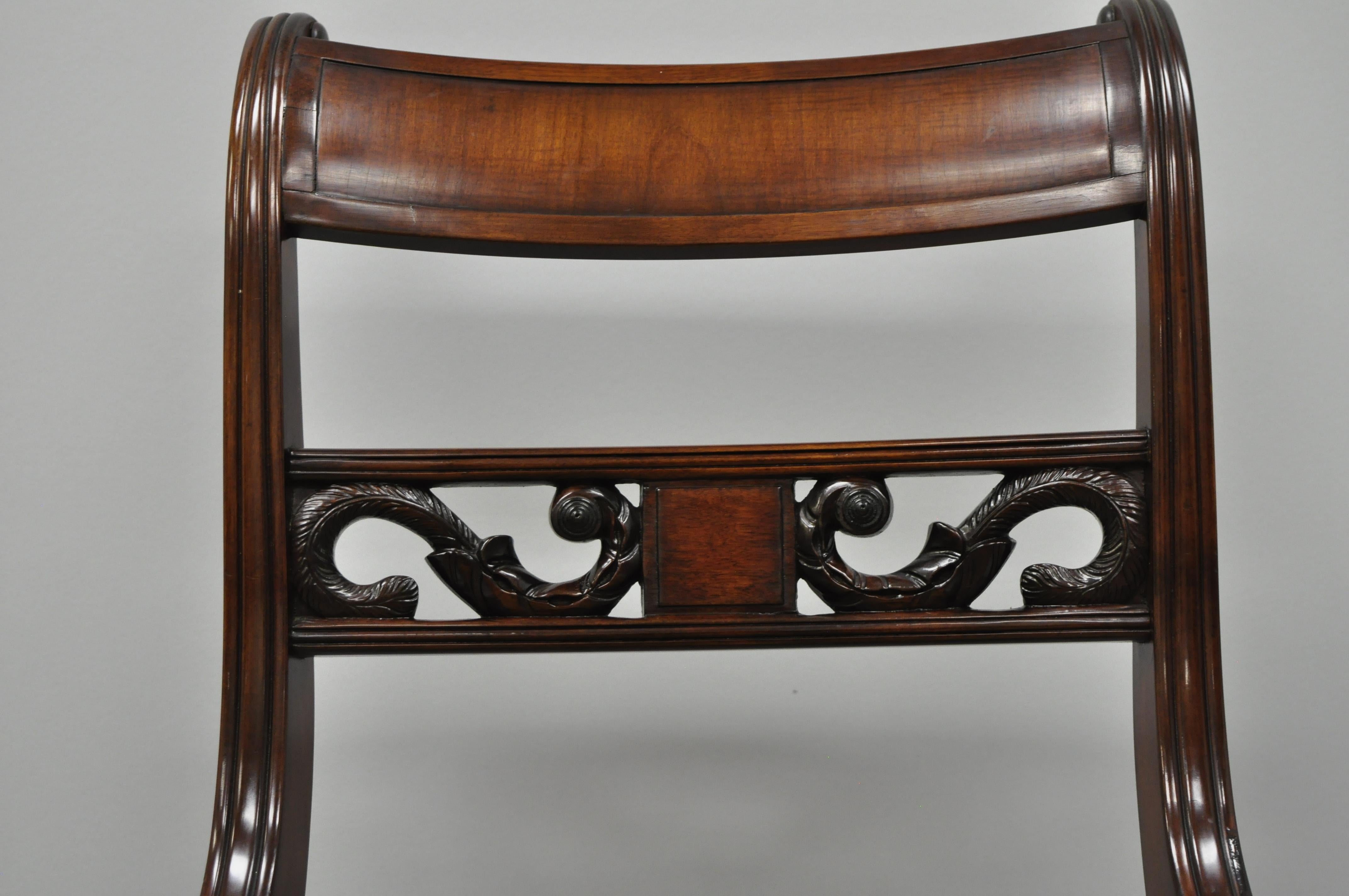 20th Century Four Mahogany Carved Plume & Acanthus Regency Style Saber Leg Dining Side Chairs