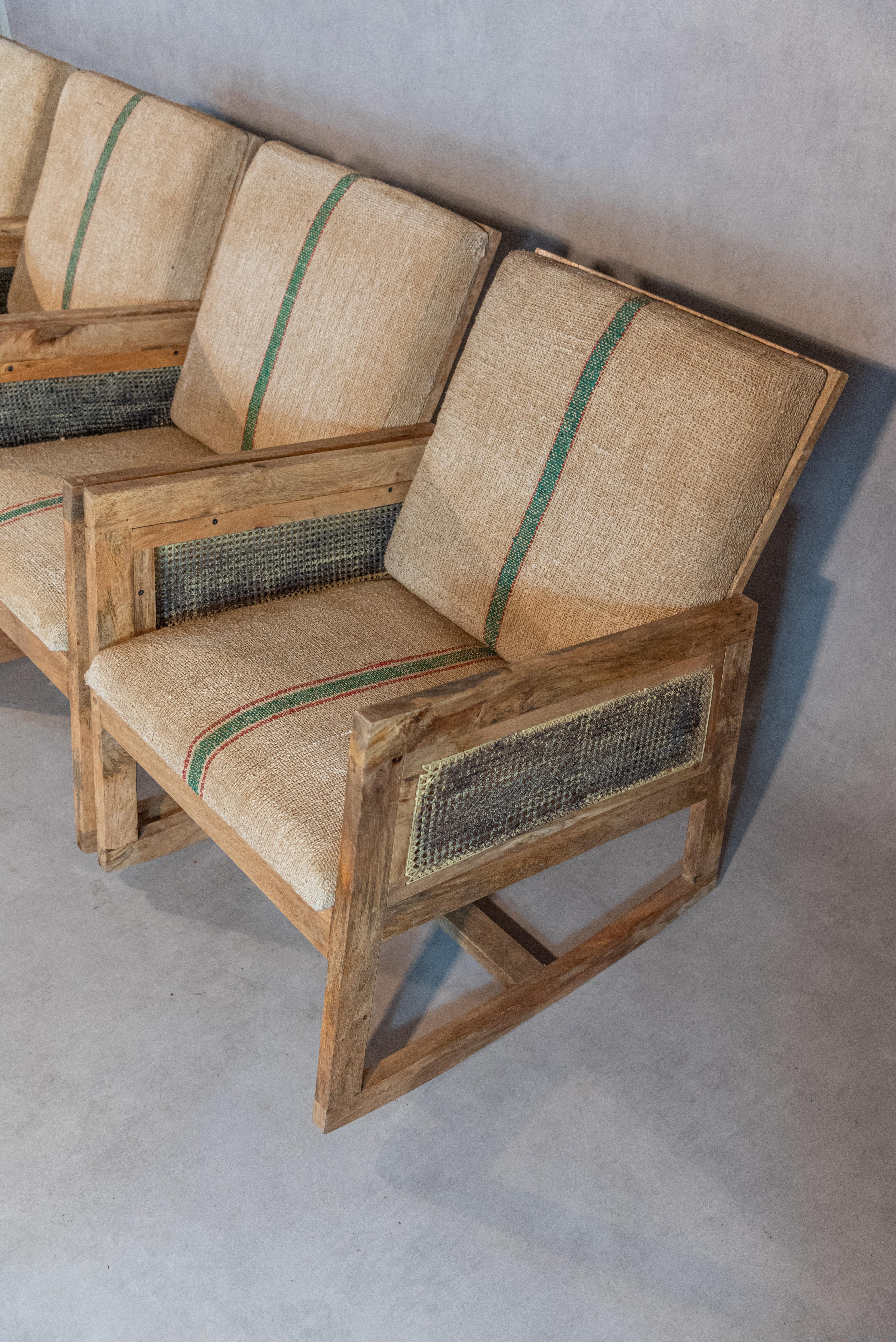 
Introducing a delightful set of four French rocking chairs, each exquisitely crafted from rich mahogany wood. These chairs boast a timeless elegance, blending rustic charm with classic sophistication.

The seating and backrest are upholstered in a