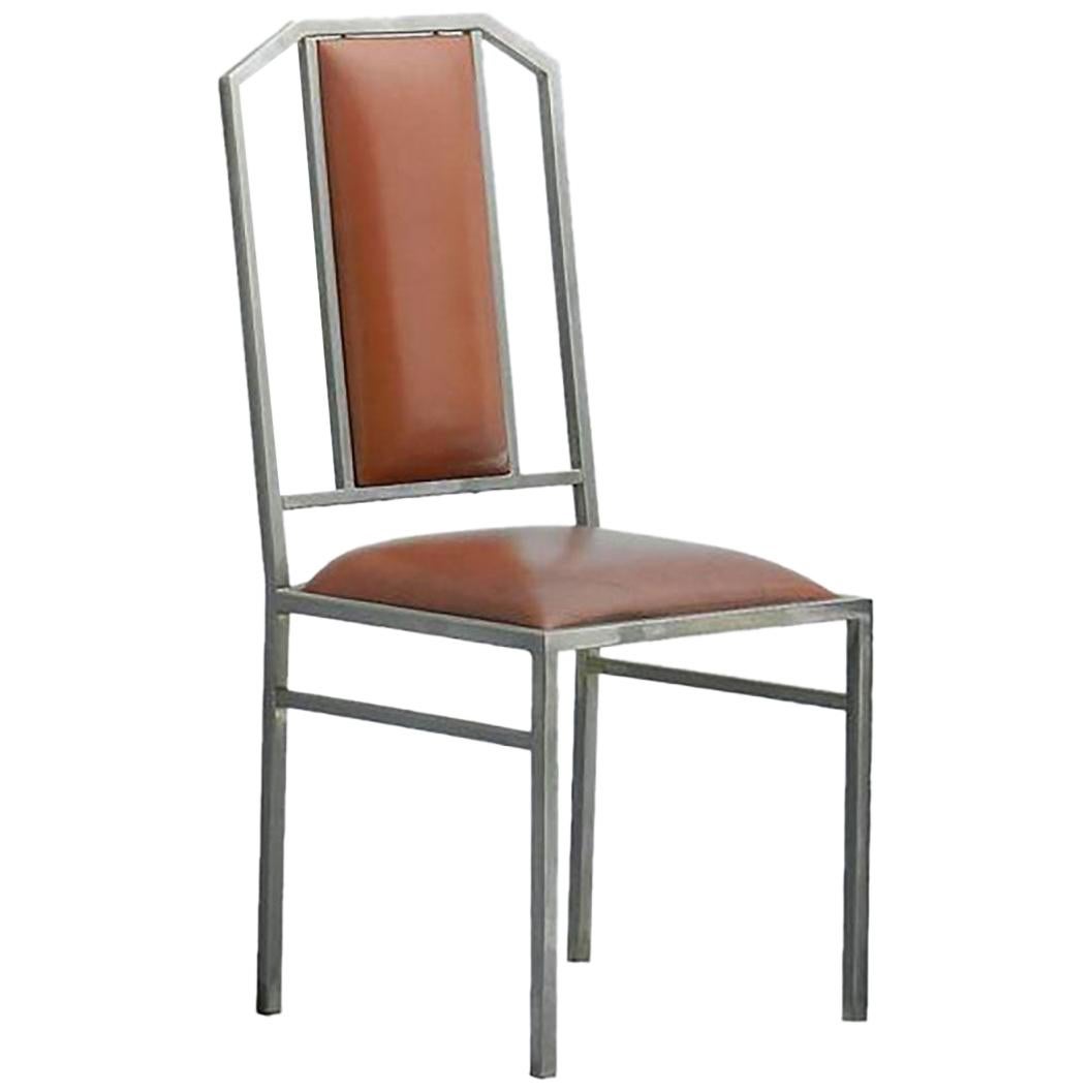 Four Maison Jansen Chairs Leather Brushed Metal French c1970 Sold Individually