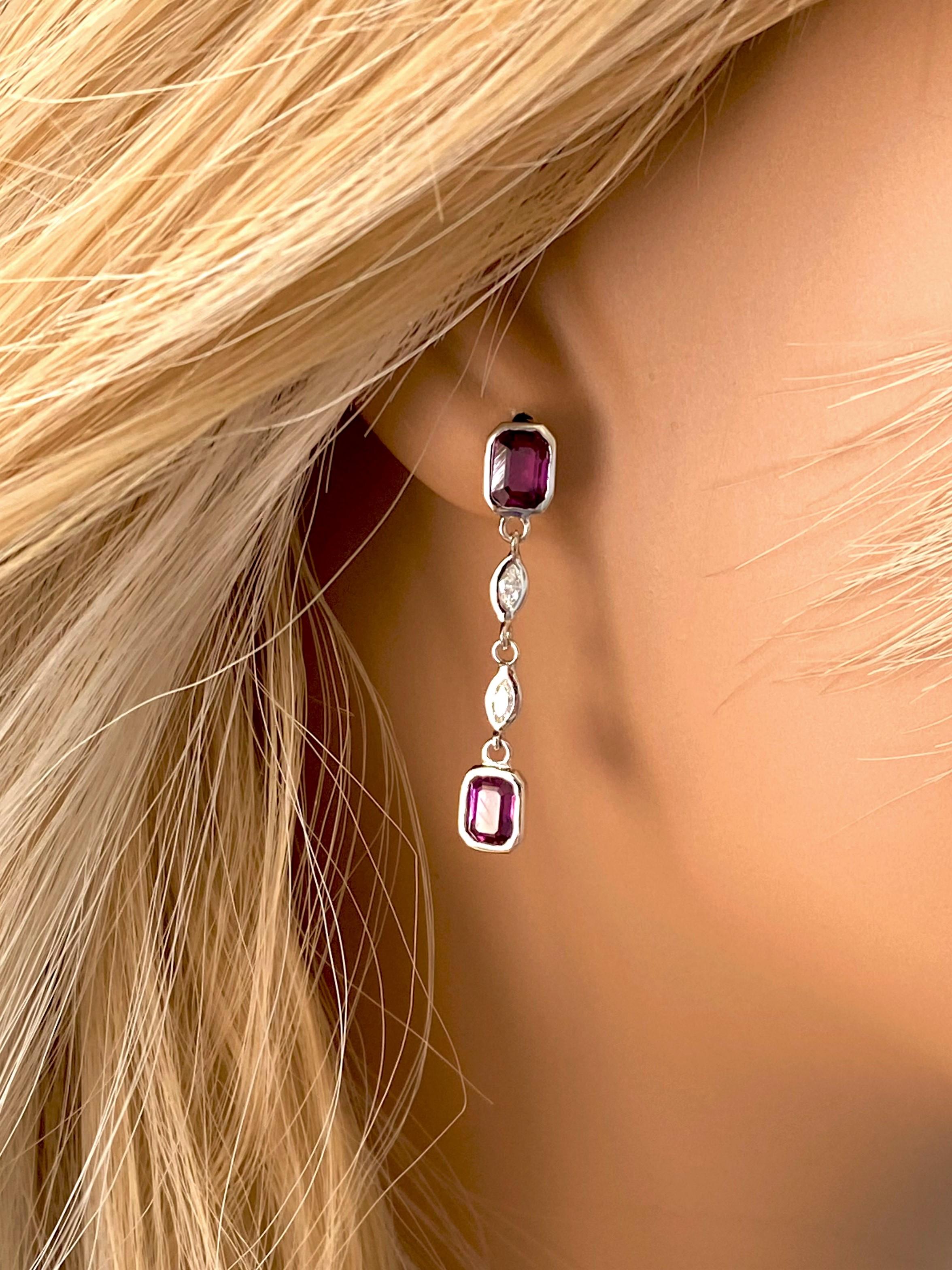 Contemporary Four Marquise Diamond and Four Emerald Shaped Ruby Drop Earrings 