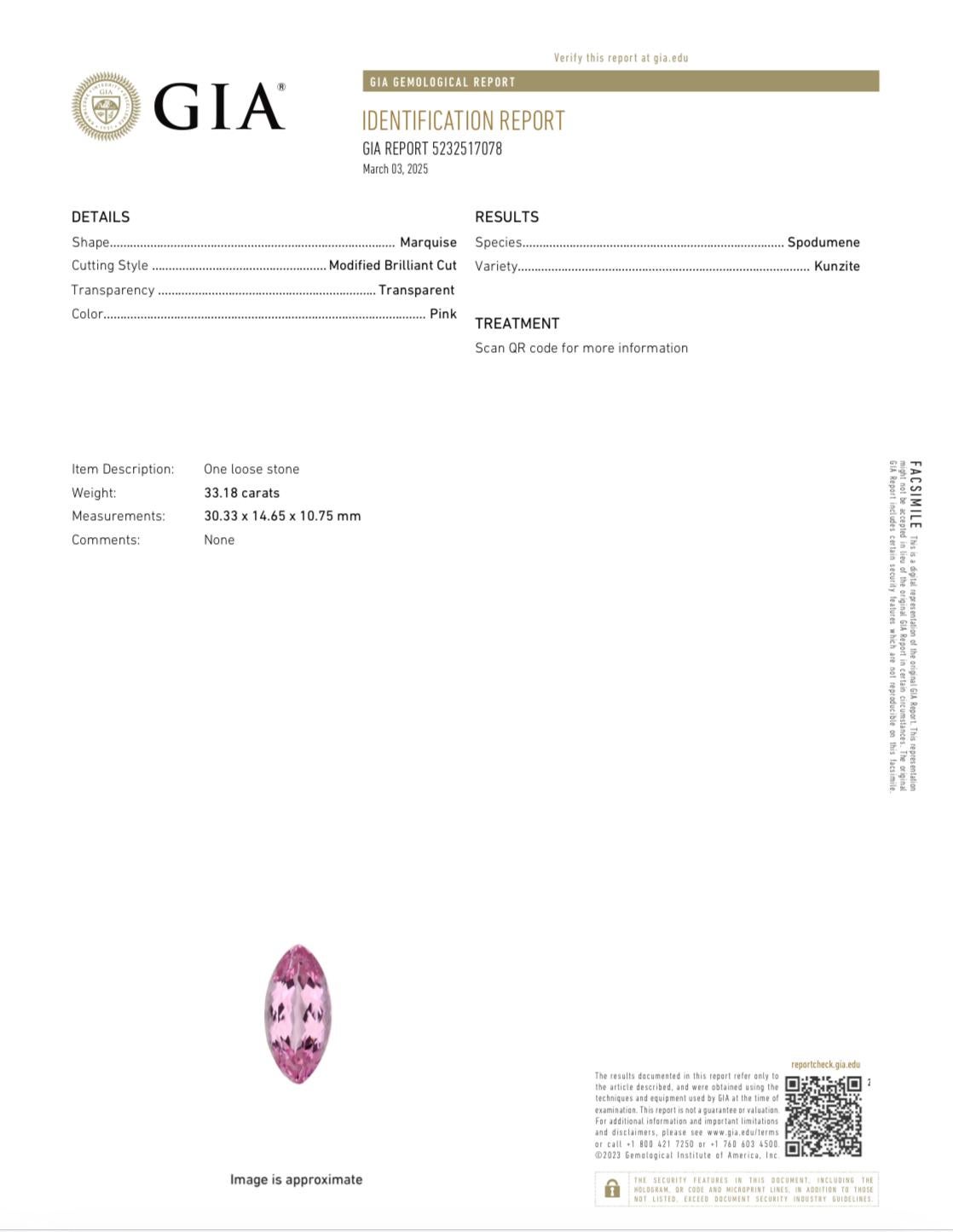 Collection/One Designs

Pierres - 1 Kunzite en forme de poire 43,02 carats, 1 Kunzite en forme de poire allongée 37,13 carats, 1 Kunzite en forme de marquise 33,18 carats, 1 Kunzite en forme d'ovale 32,57 carats. 

Numéro de rapport GIA pour 43.02