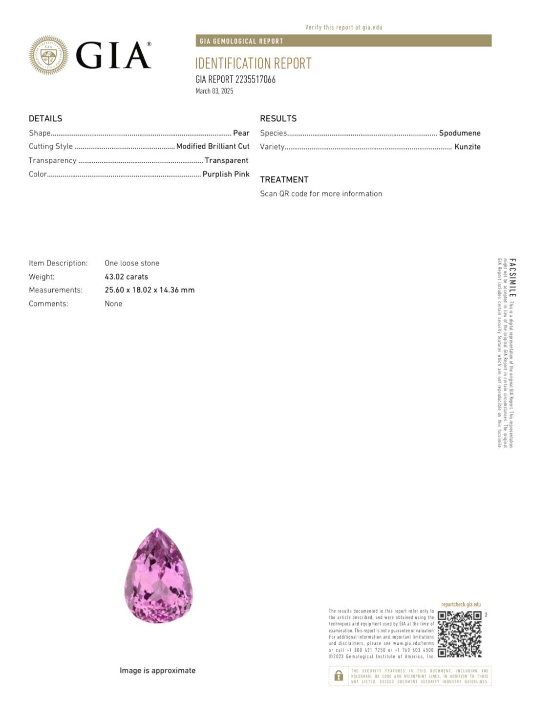 Taille ovale Kunzite ovale en forme de poire marquise non sertie certifiée GIA de 145,90 carats en vente