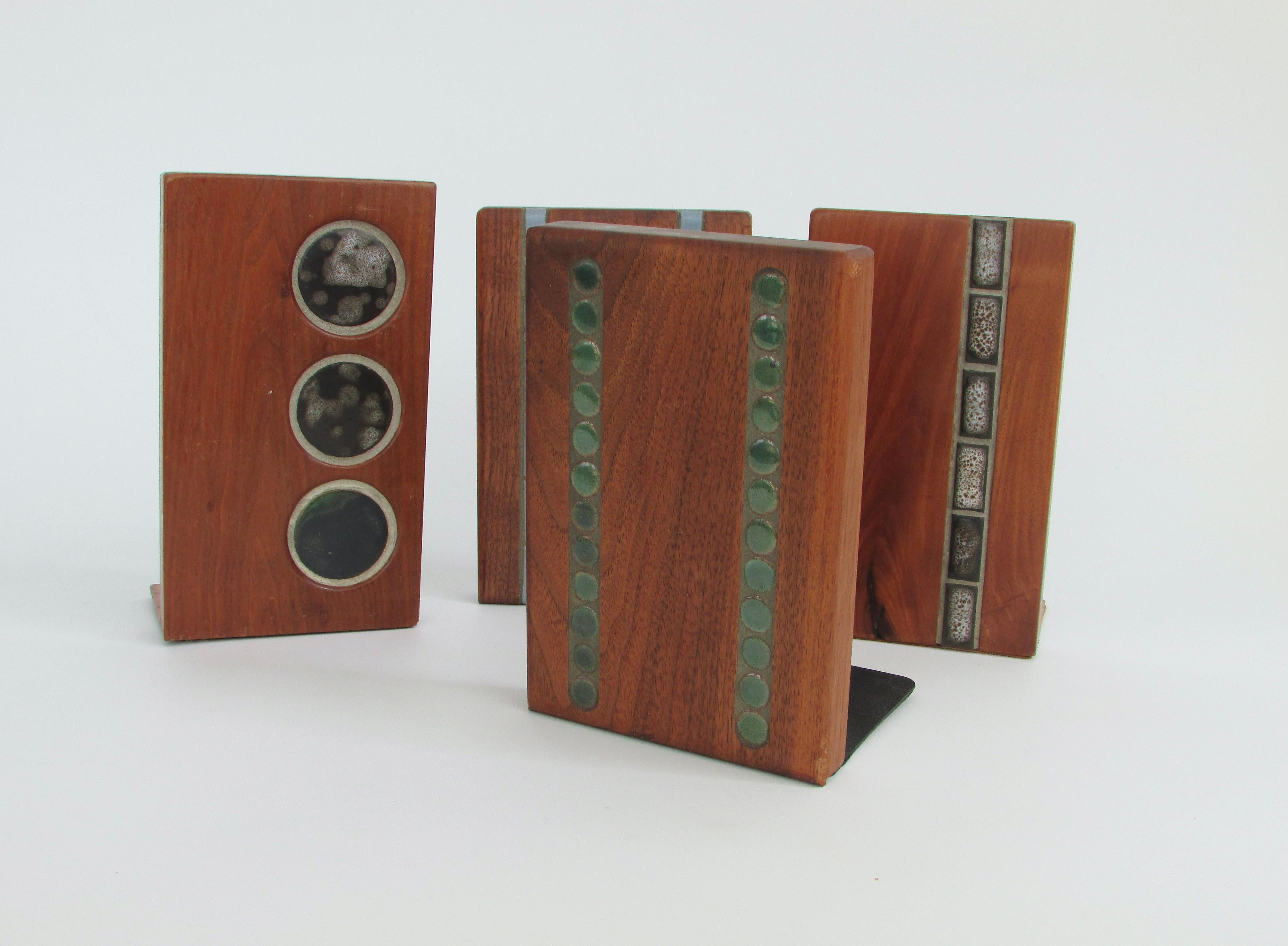 Instant collection priced separately . Four Gordon and Jane Martz bookends . Walnut slabs with four different tile insert designs that marts studio is so famous for . Measurements vary . Circle tile measures 4.5