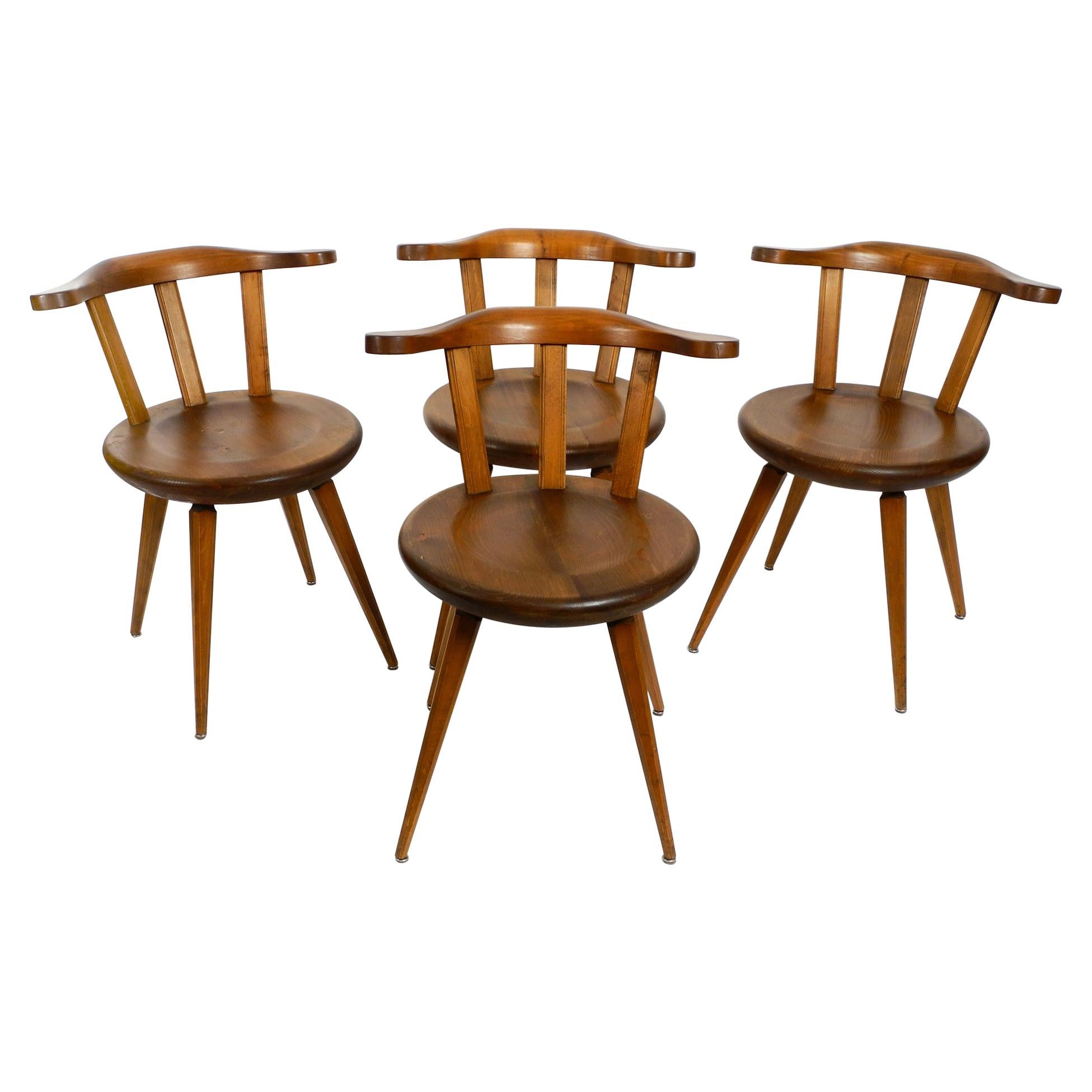 Four Massive, Beautiful Mid-Century Solid Wood Sprouted Chairs with Low Backs