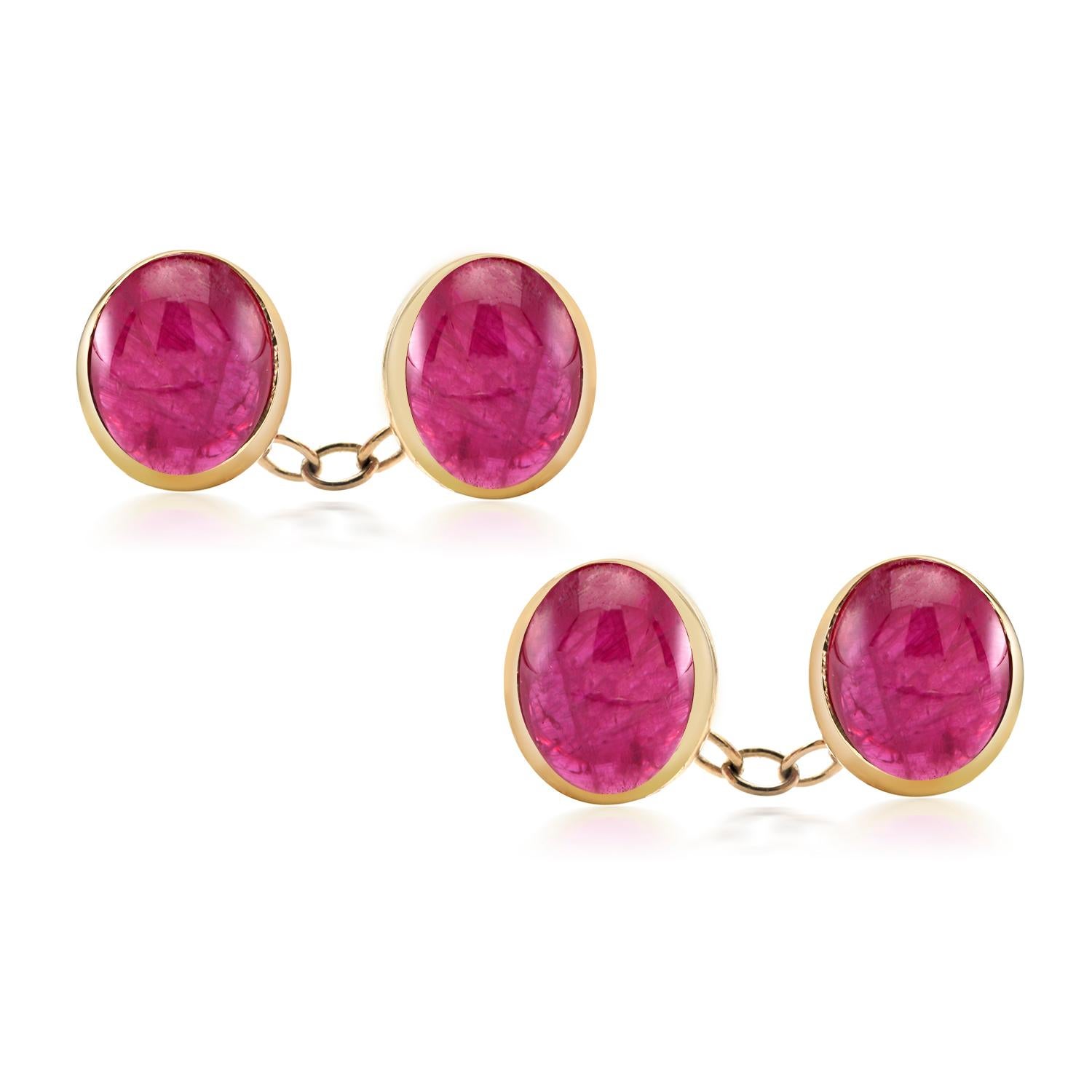 Modern Four Matched Cabochon Burma Ruby Double Sides Chain Link Yellow Gold Cufflinks