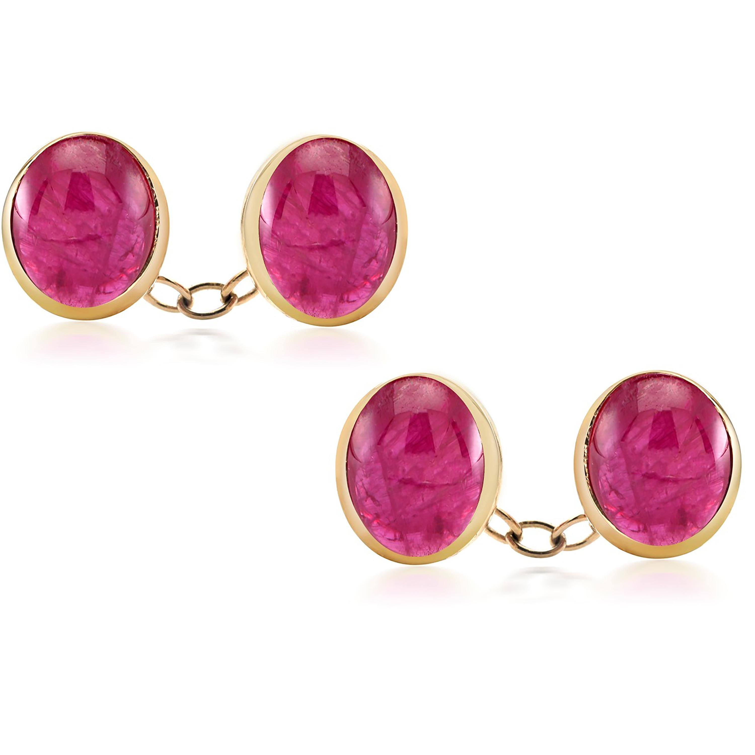 Oval Cut Four Matched Cabochon Burma Ruby Double Sides Chain Link Yellow Gold Cufflinks