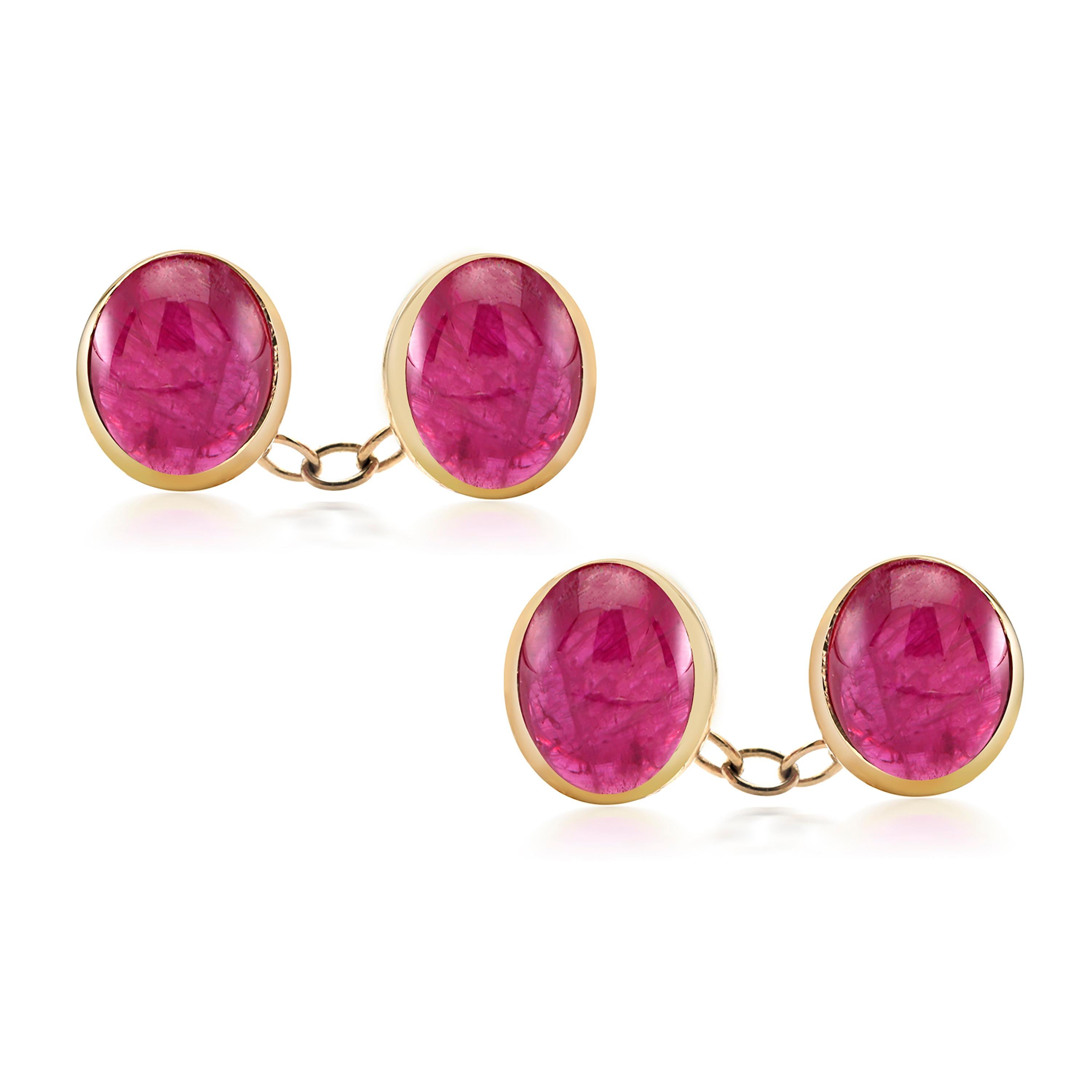 Four Matched Cabochon Burma Ruby Double Sides Chain Link Yellow Gold Cufflinks In New Condition In New York, NY