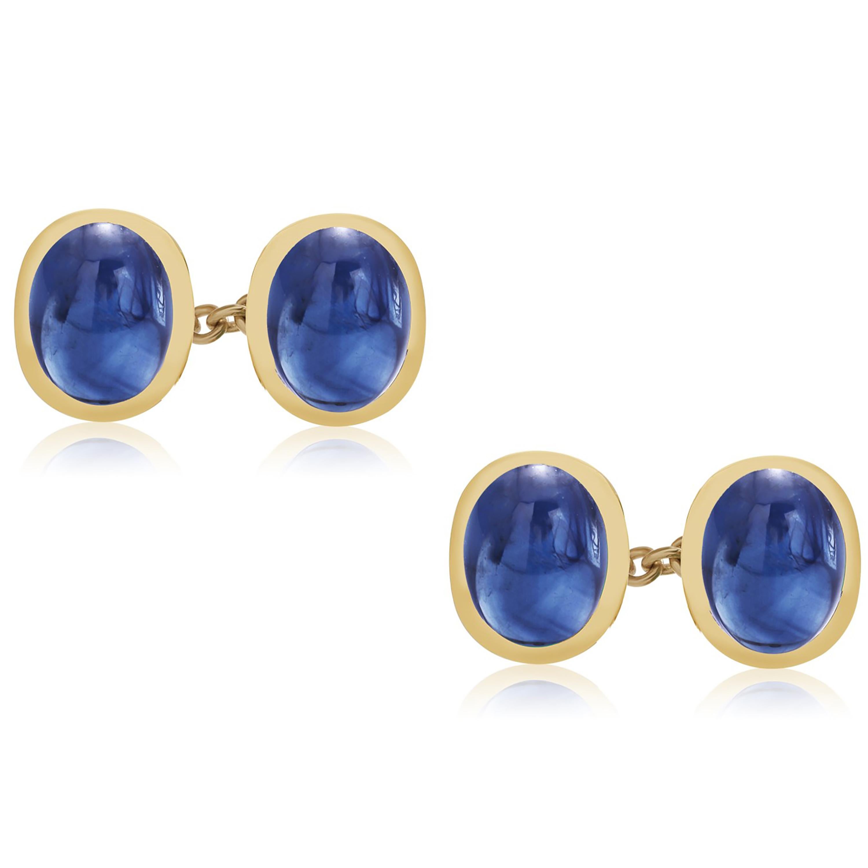 Modern Four Matched Cabochon Ceylon Sapphire Double Sides Chain Link Gold Cufflinks