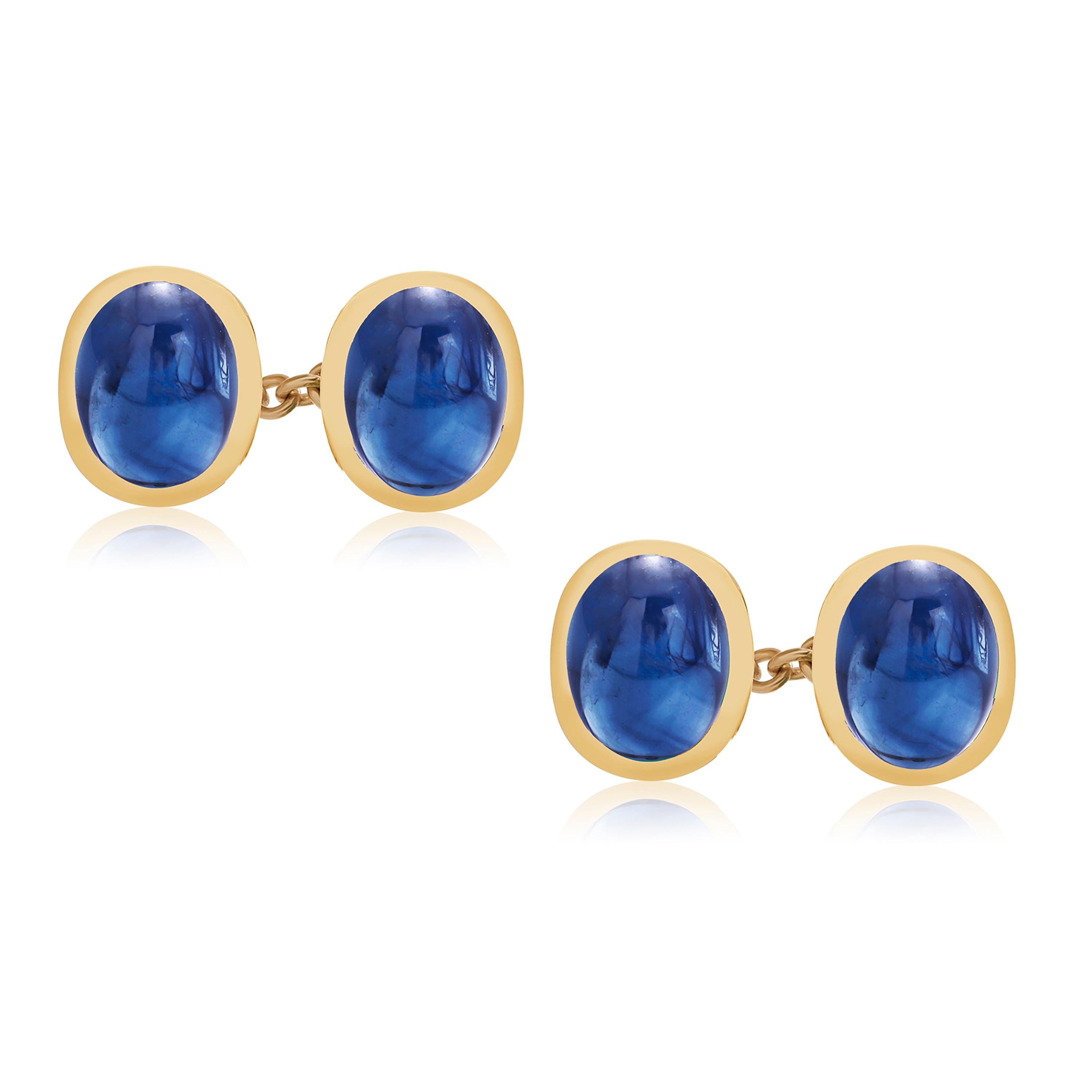 Four Matched Cabochon Ceylon Sapphire Double Sides Chain Link Gold Cufflinks In New Condition In New York, NY
