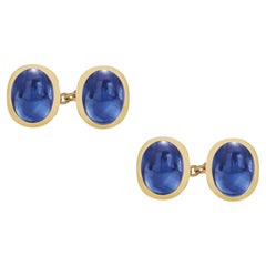 Four Matched Cabochon Ceylon Sapphire Double Sides Chain Link Gold Cufflinks