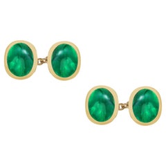 Four Matched Cabochon Colombia Emeralds Double Sides Chain Link Gold Cufflinks