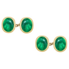 Four Matched Cabochon Colombia Emeralds Double Sides Chain Link Gold Cufflinks