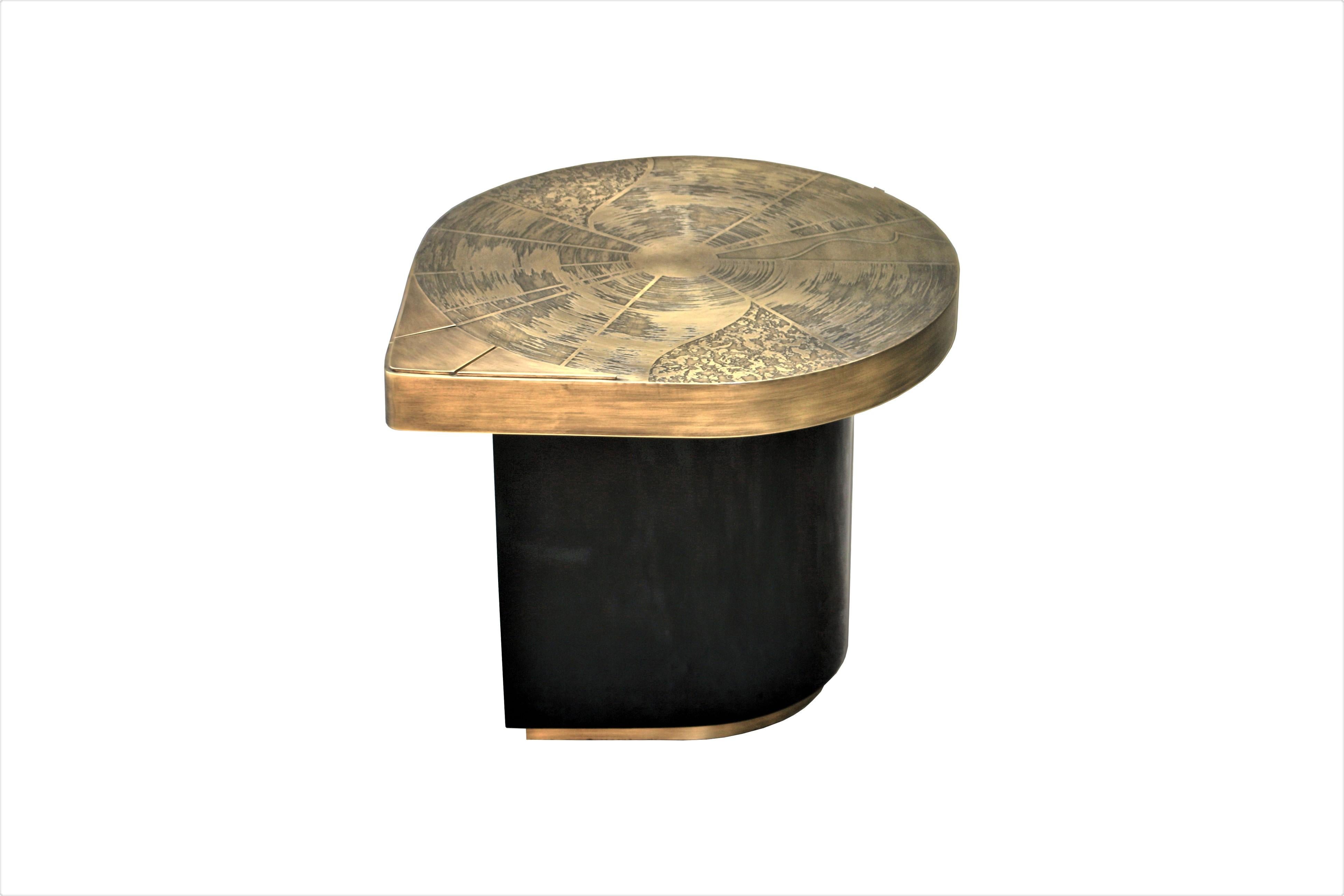 Contemporary Four Matching Coffee Tables, Teardrops, Patinated Acid Etched Brass For Sale
