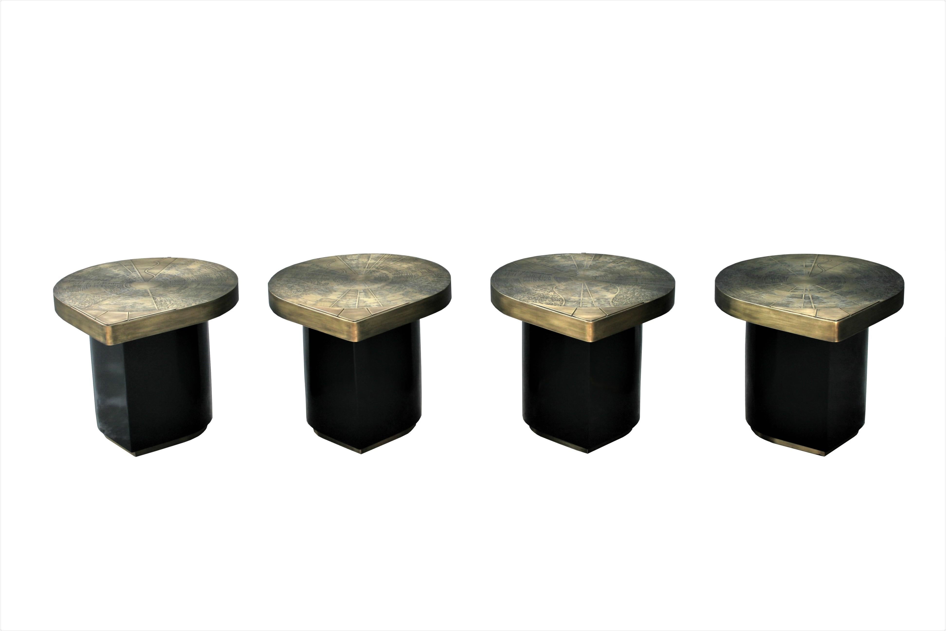 Four Matching Coffee Tables, Teardrops, Patinated Acid Etched Brass For Sale 2