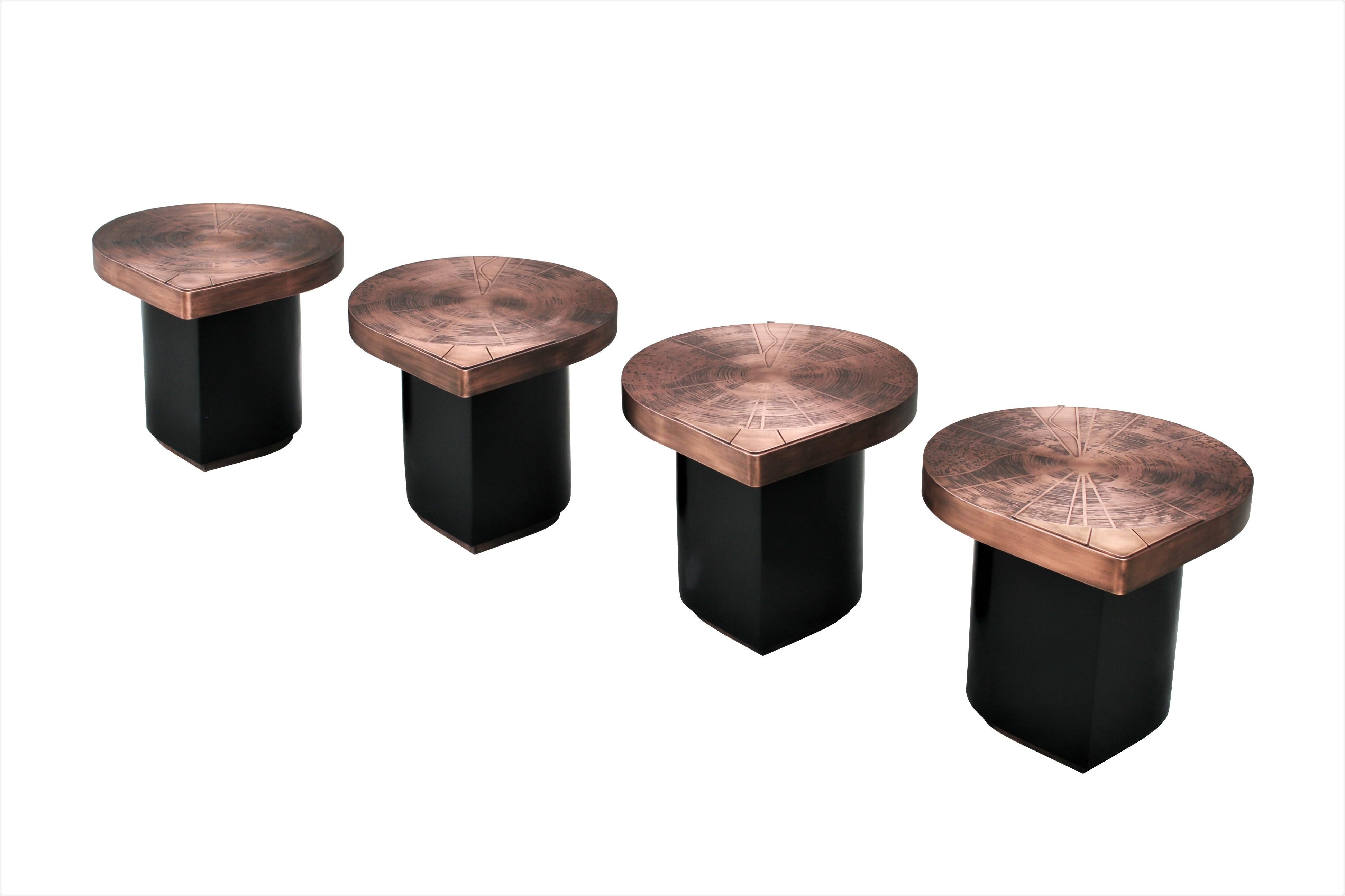 Mid-Century Modern Four Matching Coffee Tables, Teardrops, Patinated Acid Etched Copper For Sale