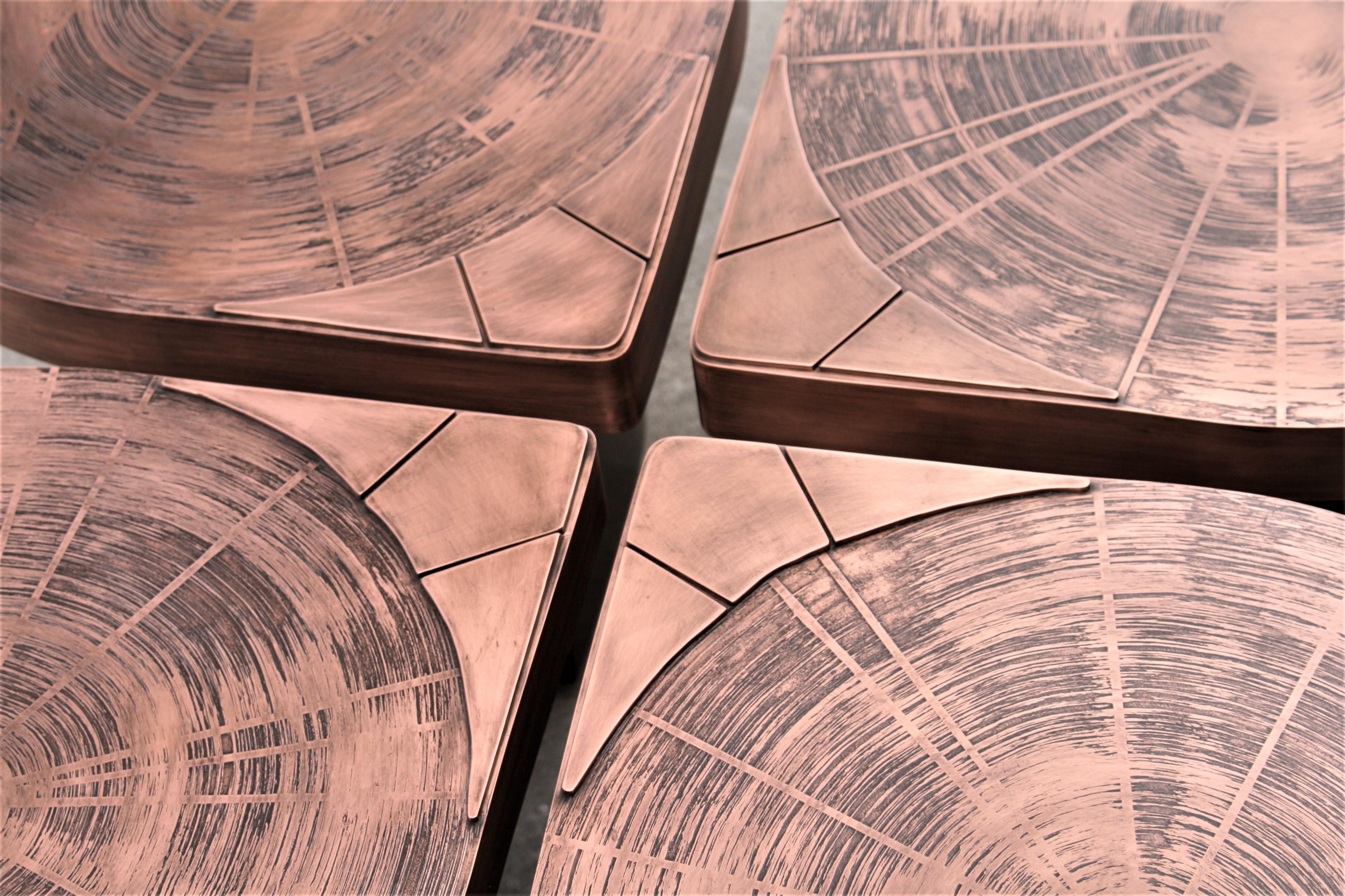 Belgian Four Matching Coffee Tables, Teardrops, Patinated Acid Etched Copper For Sale