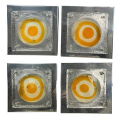 Four Mazzega Style Wall Lights Ceiling Fixture Flush Mount Murano Glass & Chrome
