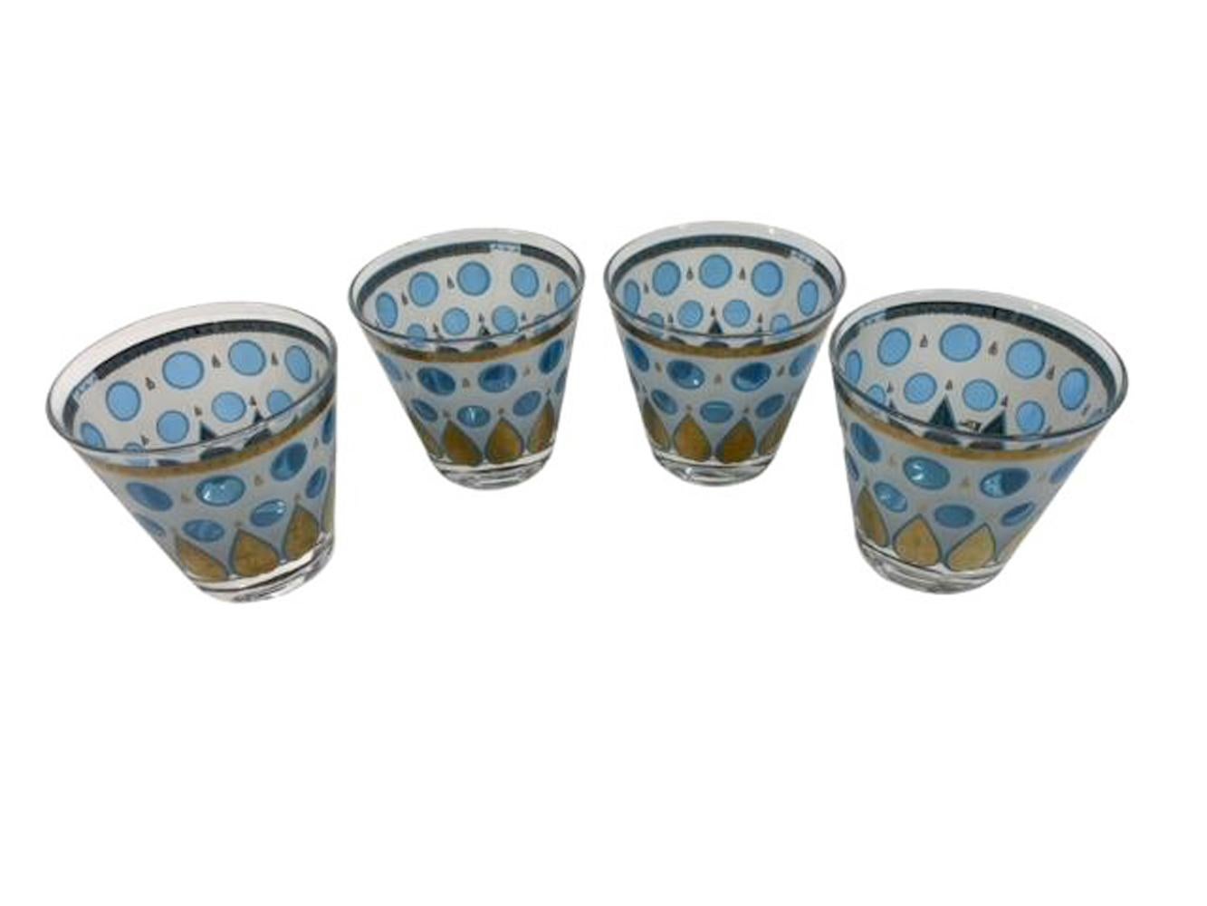 Mid-Century Modern Four MCM Cera Old Fashioned Glasses with Translucent Blue Dots & Gold Palmettes