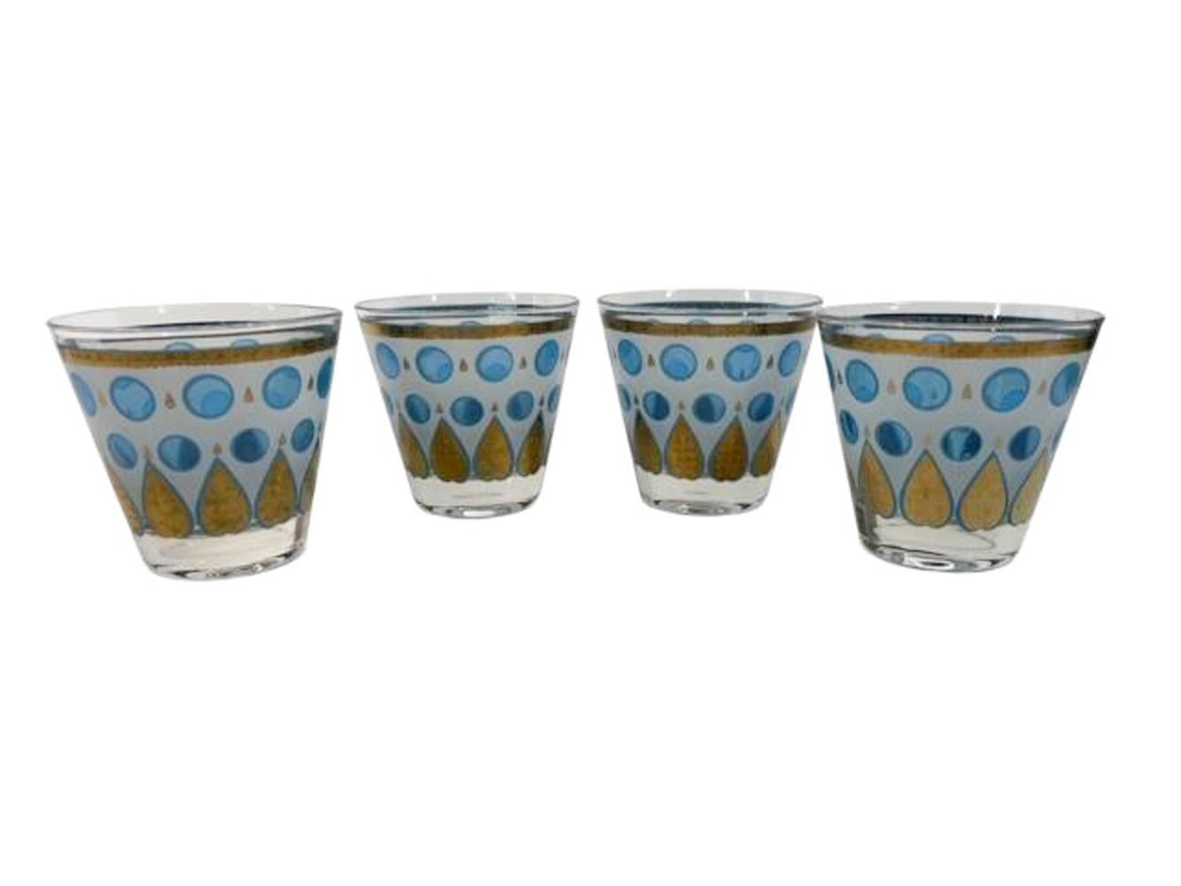 American Four MCM Cera Old Fashioned Glasses with Translucent Blue Dots & Gold Palmettes