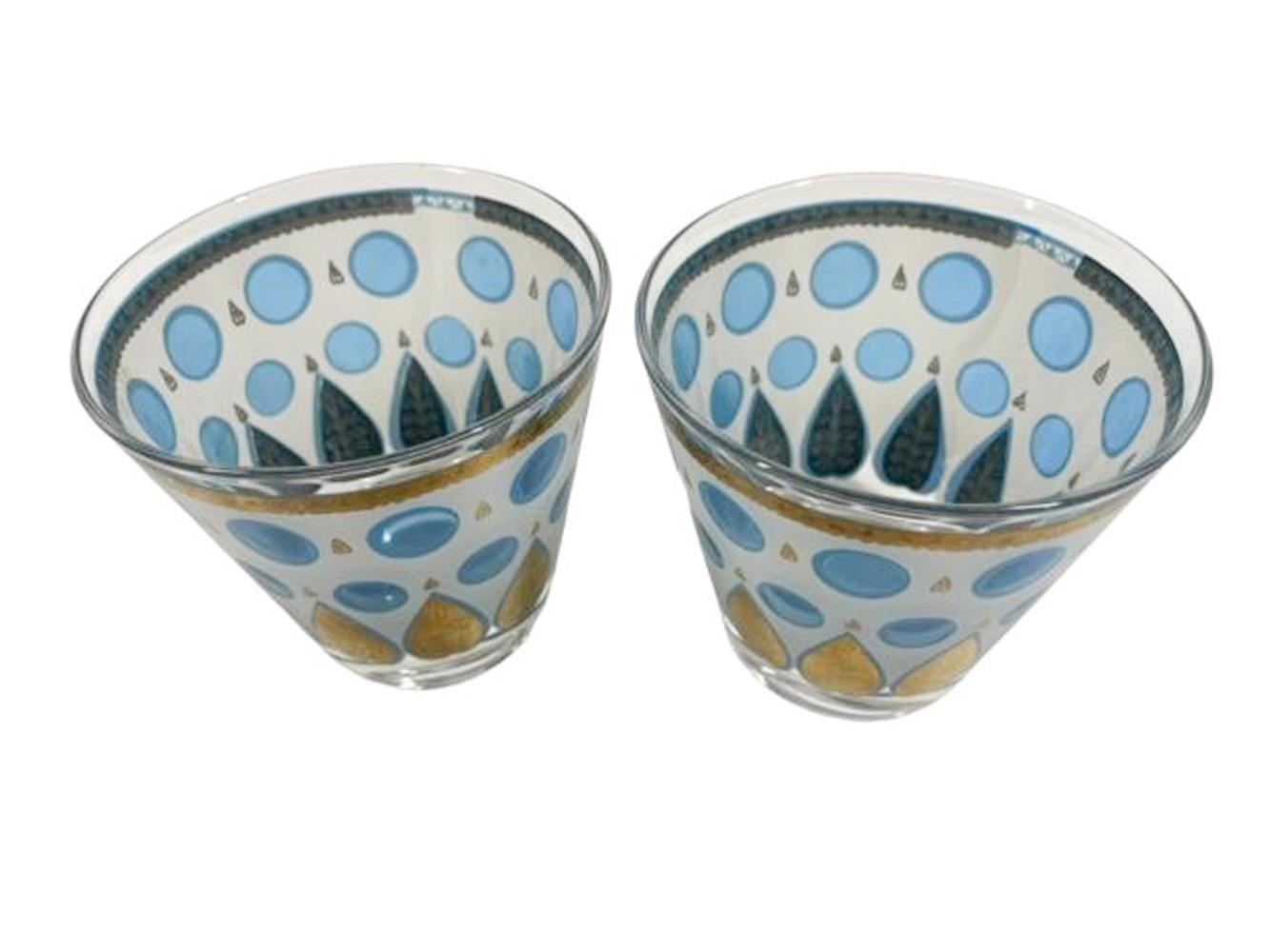 Four MCM Cera Old Fashioned Glasses with Translucent Blue Dots & Gold Palmettes In Good Condition In Chapel Hill, NC