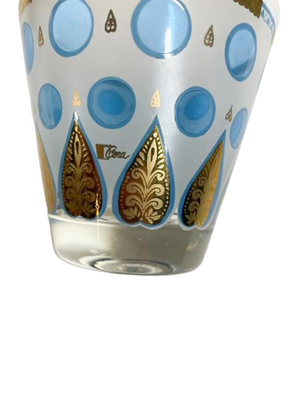Four MCM Cera Old Fashioned Glasses with Translucent Blue Dots & Gold Palmettes 2