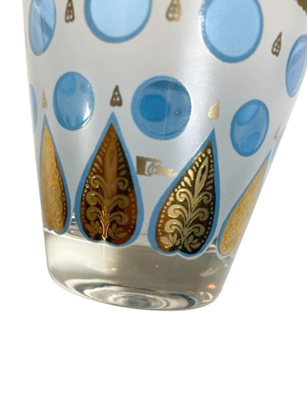 Four MCM Cera Old Fashioned Glasses with Translucent Blue Dots & Gold Palmettes 3