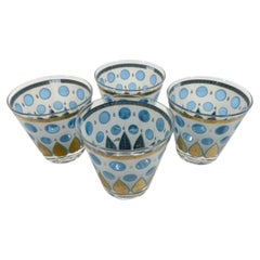 Four MCM Cera Old Fashioned Glasses with Translucent Blue Dots & Gold Palmettes