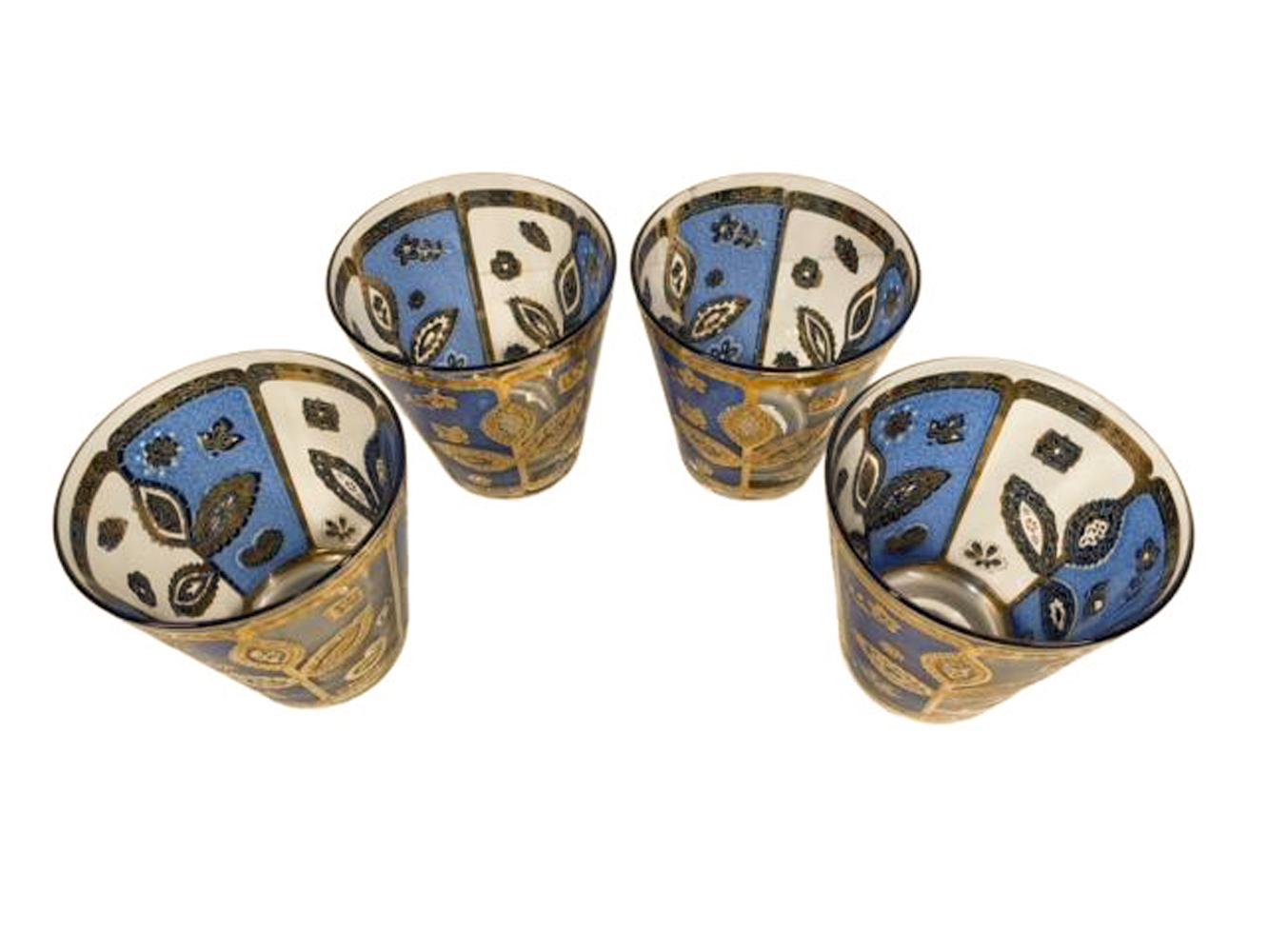 Four MCM Culver LTD Double Old Fashioned Glasses with Blue and Gold Flower Motif For Sale 4