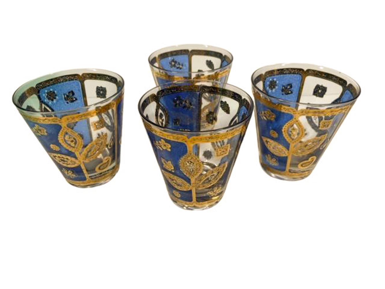 Four MCM Culver LTD Double Old Fashioned Glasses with Blue and Gold Flower Motif For Sale 4