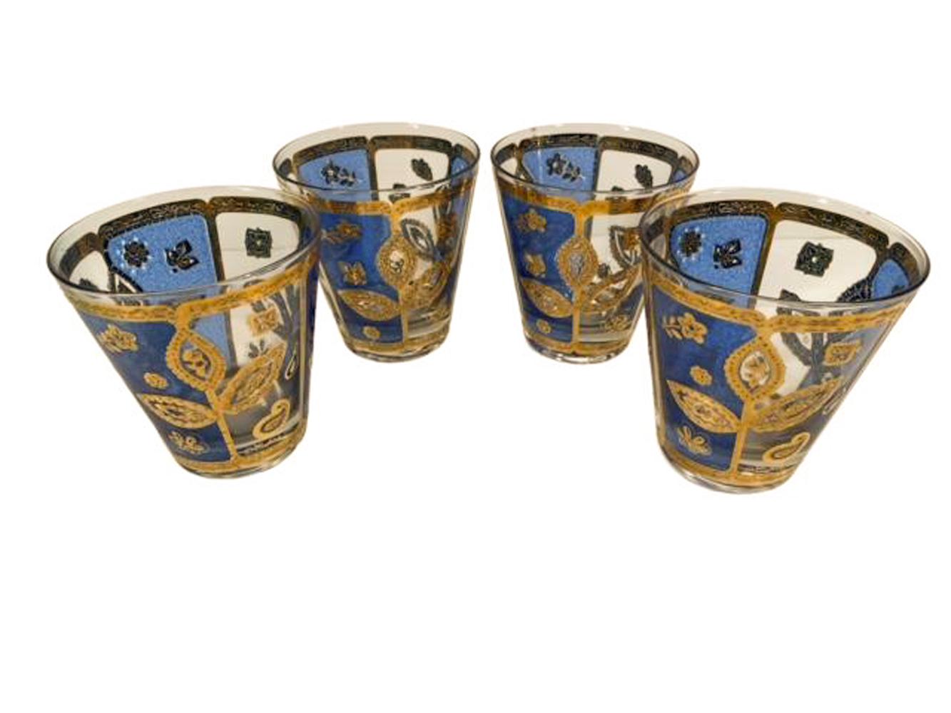 Four MCM Culver LTD Double Old Fashioned Glasses with Blue and Gold Flower Motif For Sale 5